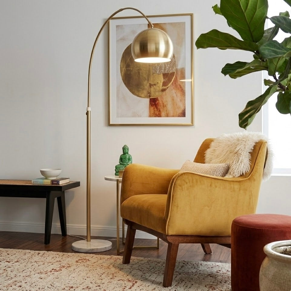 Oasis Long Arm Gold Brass Adjustable Floor Lamp | White Marble Base | MidinMod