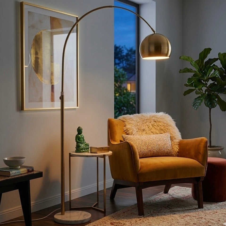 Oasis Long Arm Gold Brass Adjustable Floor Lamp with White Marble