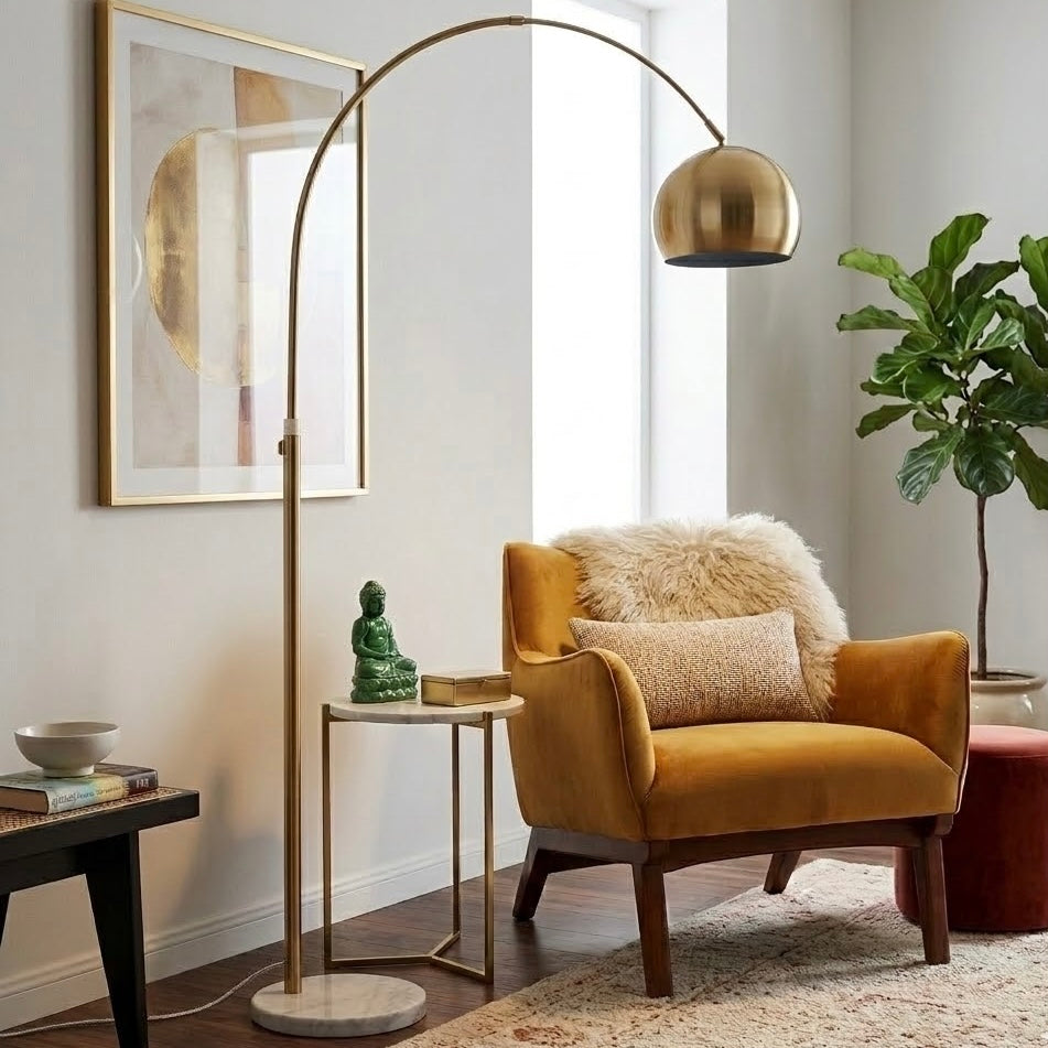 Oasis Long Arm Gold Brass Adjustable Floor Lamp | White Marble Base | MidinMod