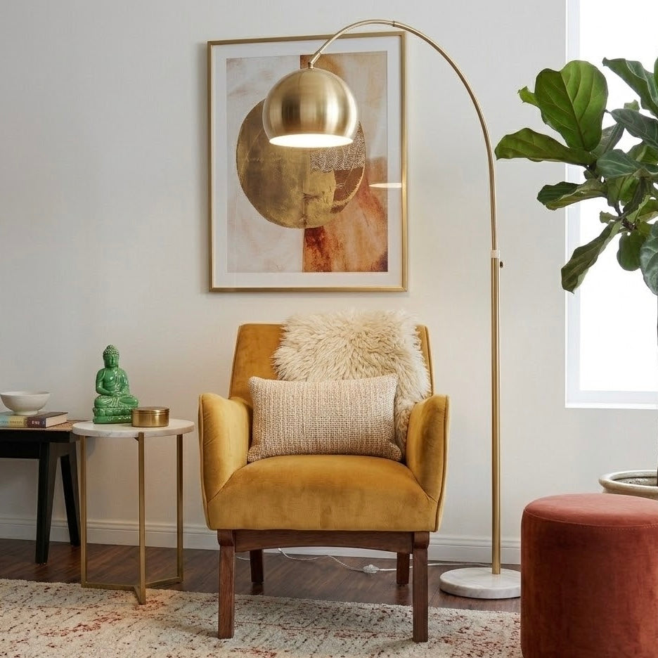 Oasis Long Arm Gold Brass Adjustable Floor Lamp | White Marble Base | MidinMod
