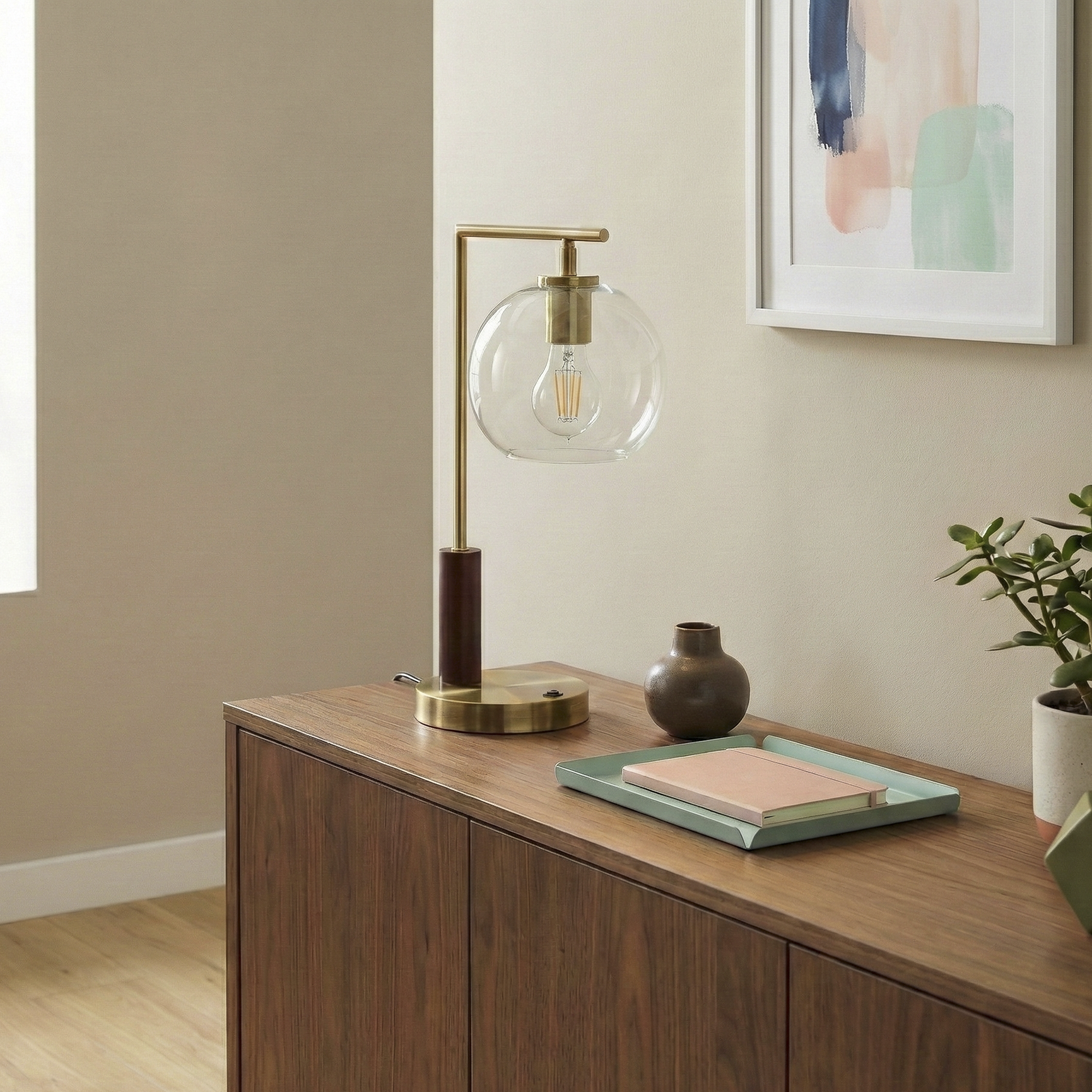 Orion Bronze Right Angle Glass Table Lamp with Wood Accents | MidinMod