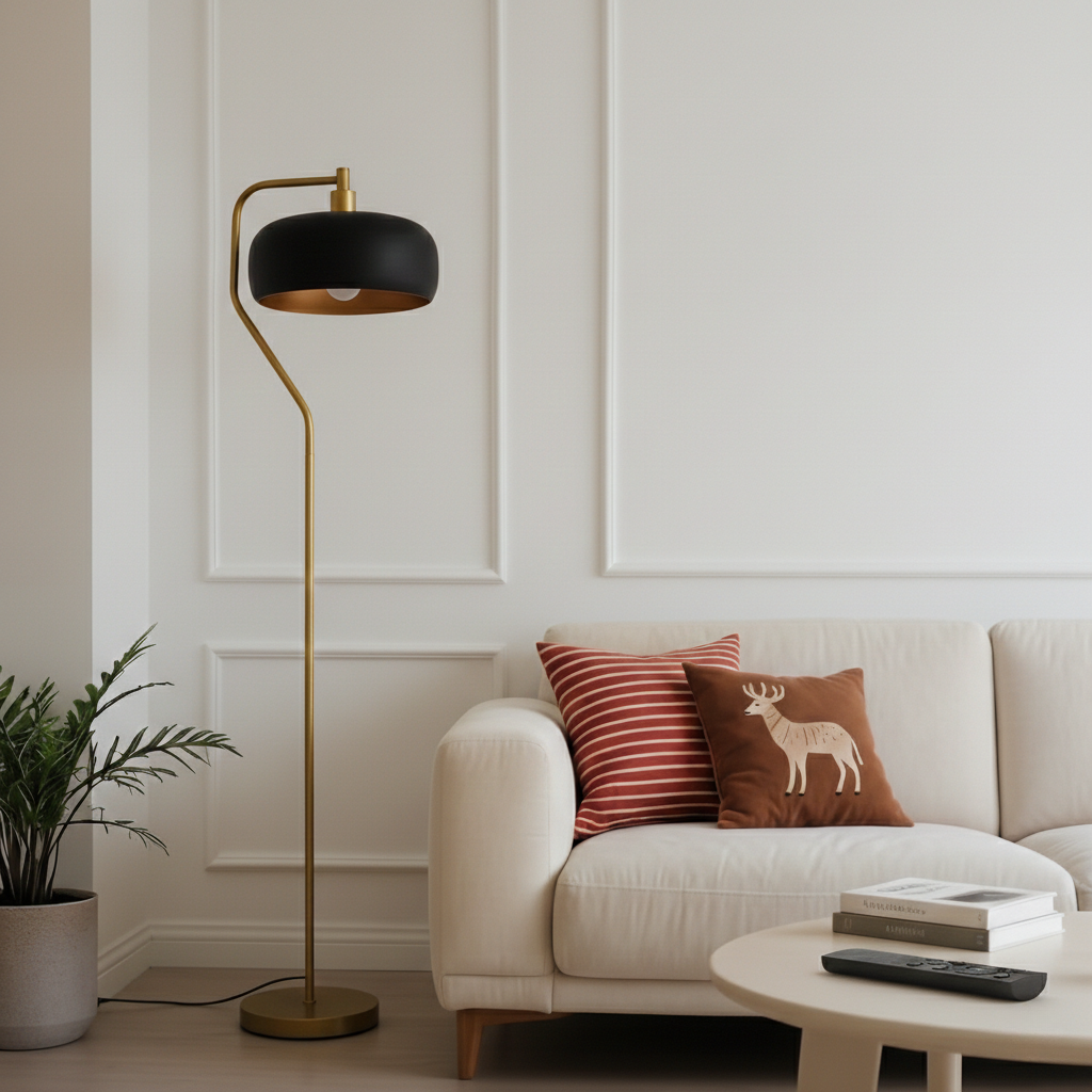 Photon Arched Floor Lamp in Gold with Black Sprayed Glass Shade | MidinMod