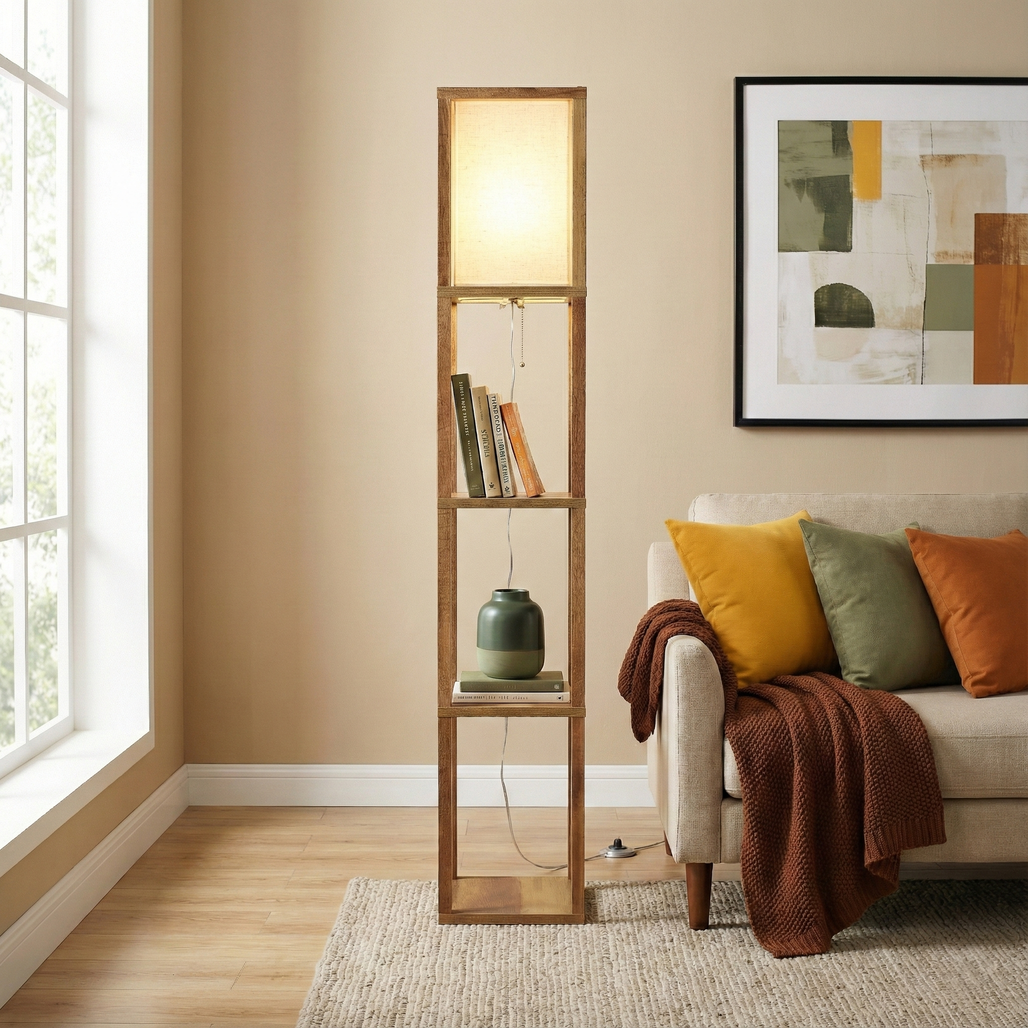 Pinnacle Natural Wood Shelf Floor Lamp with Extended Fabric Shade | MidinMod