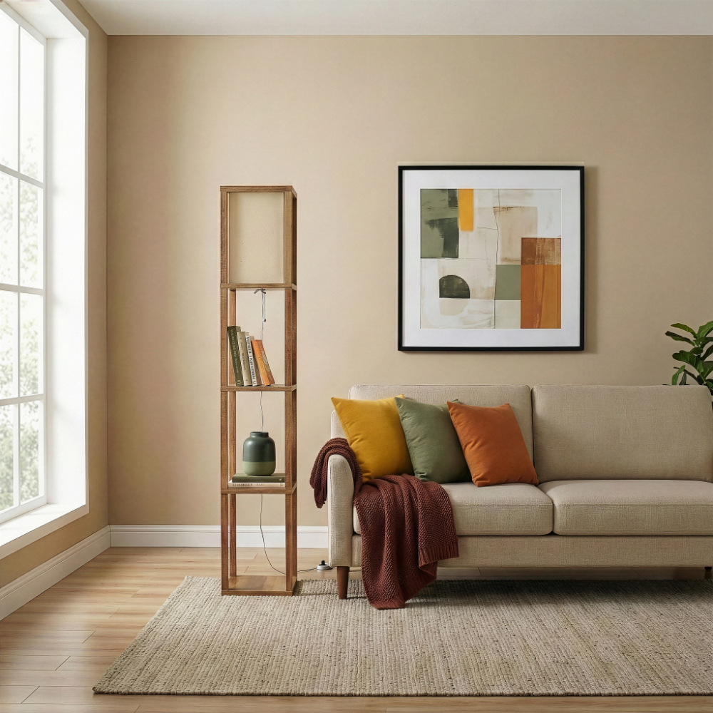 Pinnacle Natural Wood Shelf Floor Lamp with Extended Fabric Shade | MidinMod