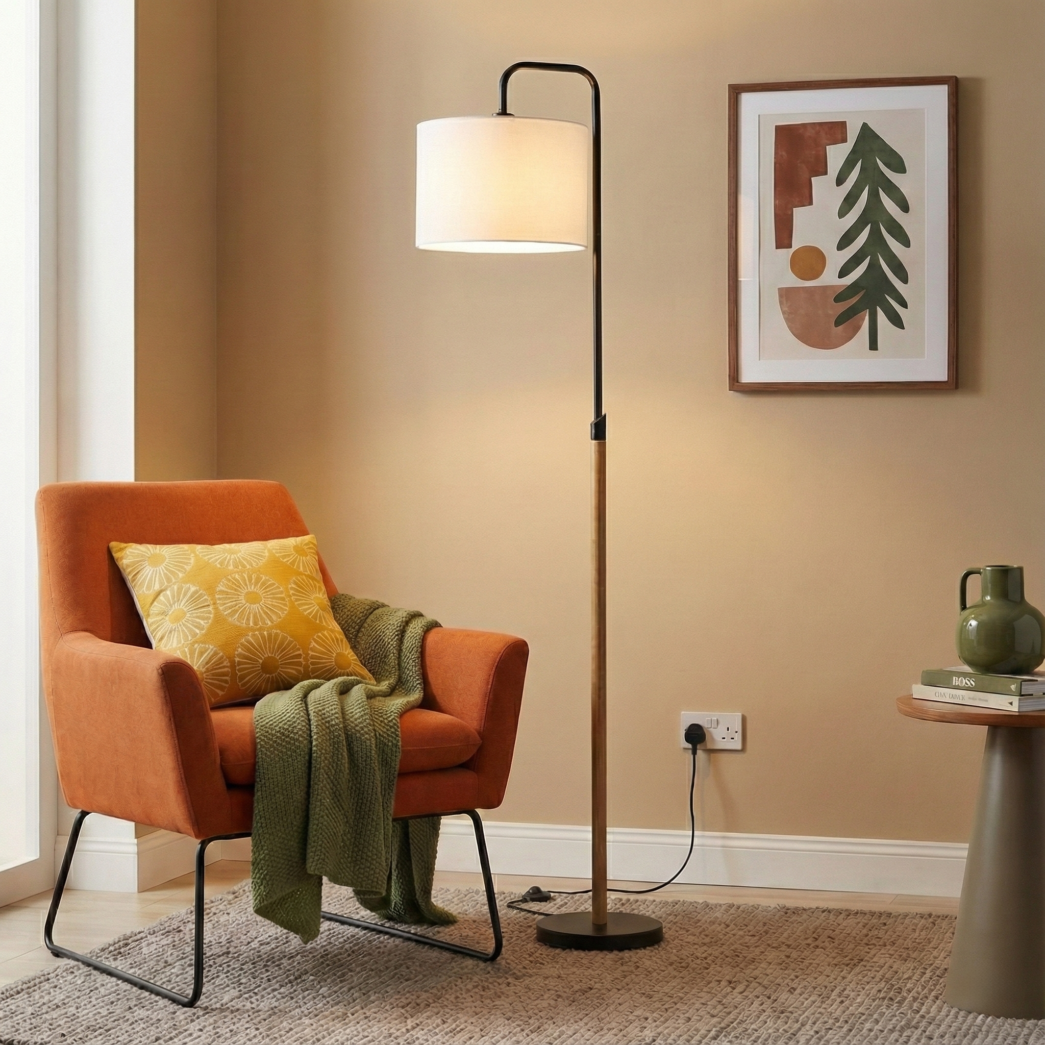 Polaris Arched Floor Lamp in Black Metal with White Linen Drum Shade | MidinMod