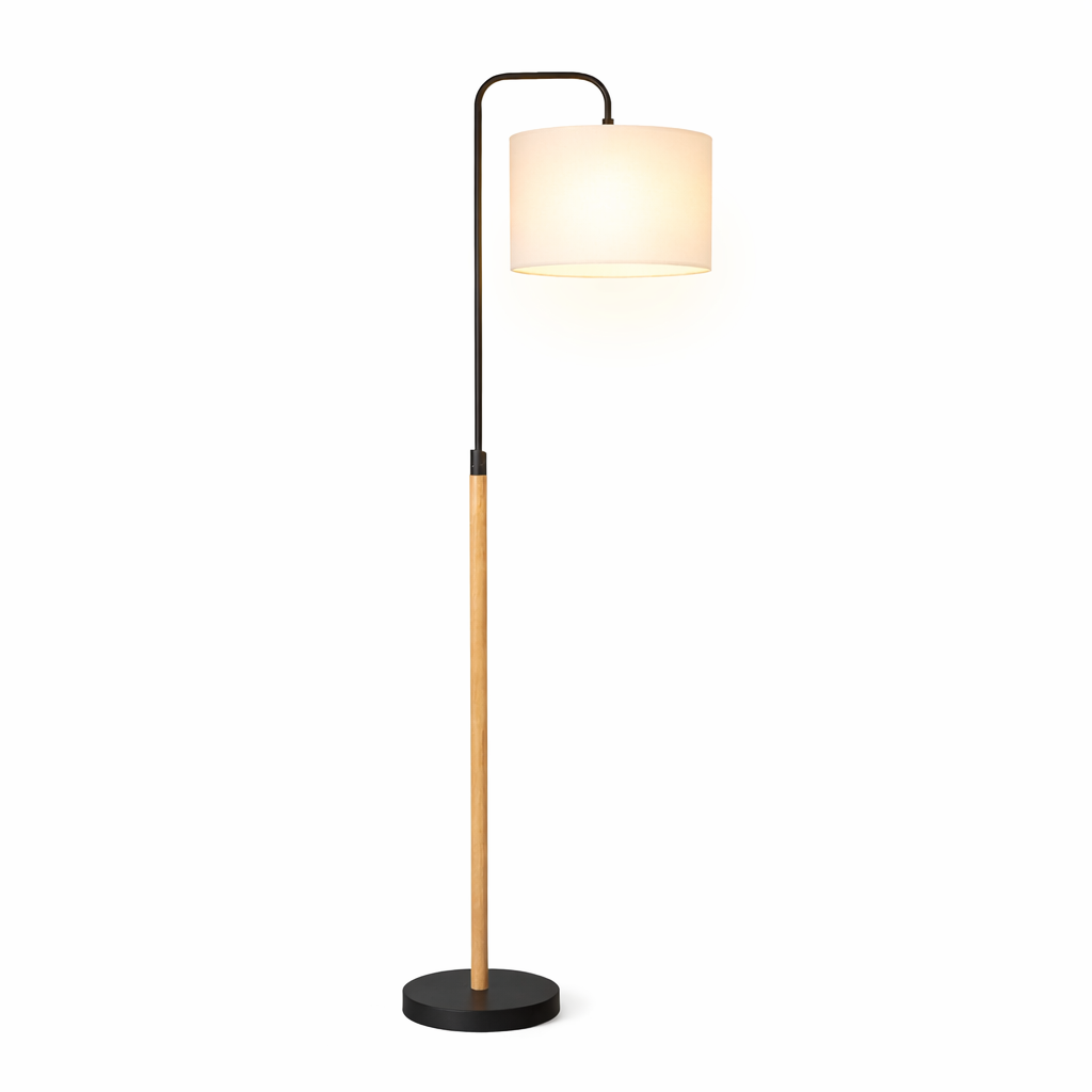 Polaris Arched Floor Lamp in Black Metal with White Linen Drum Shade | MidinMod