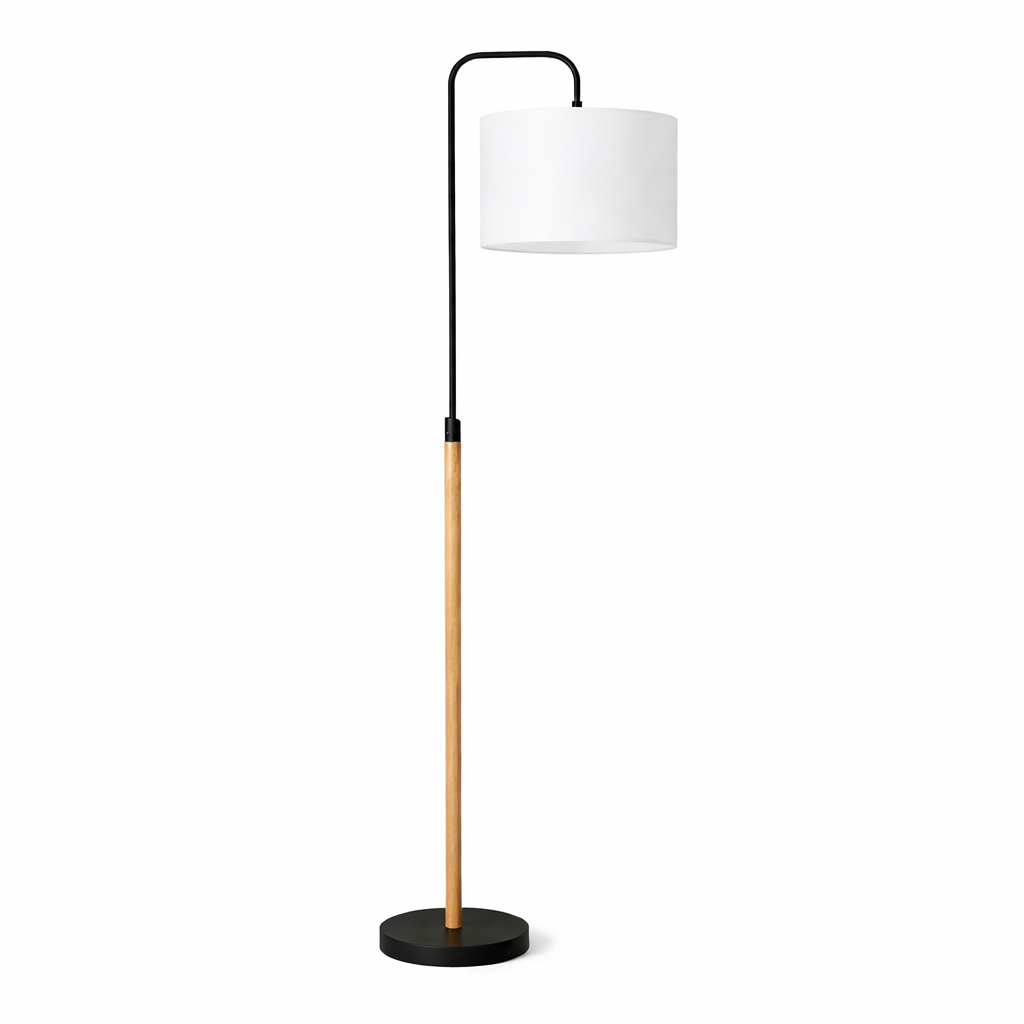 Polaris Arched Floor Lamp in Black Metal with White Linen Drum Shade | MidinMod