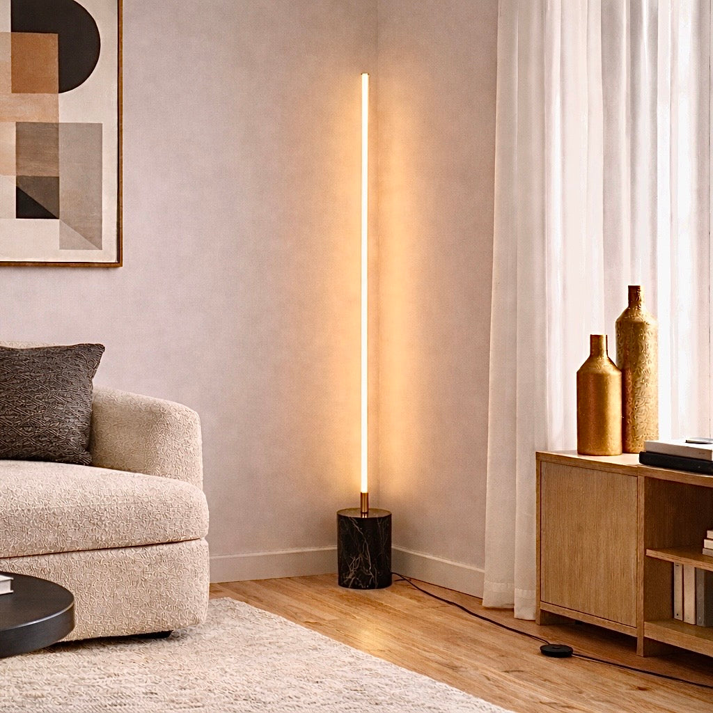 Prism Brassed Gold LED Floor Lamp with Integrated Switch and Faux Marble Base | MidinMod