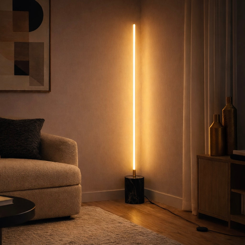 Prism Brassed Gold LED Floor Lamp with Integrated Switch and Faux Marble Base | MidinMod