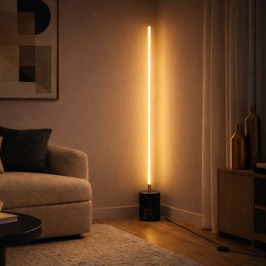 Prism Brassed Gold LED Floor Lamp with Integrated Switch and Faux Marble Base | MidinMod