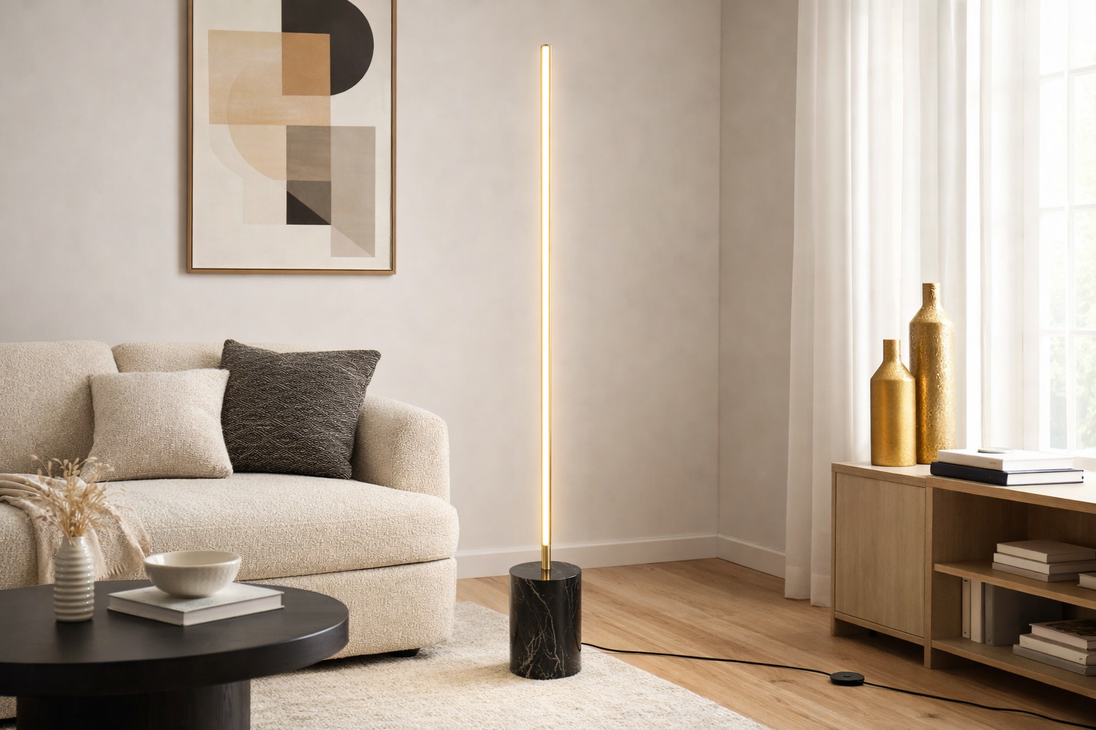 Prism Brassed Gold LED Floor Lamp with Integrated Switch and Faux Marble Base | MidinMod