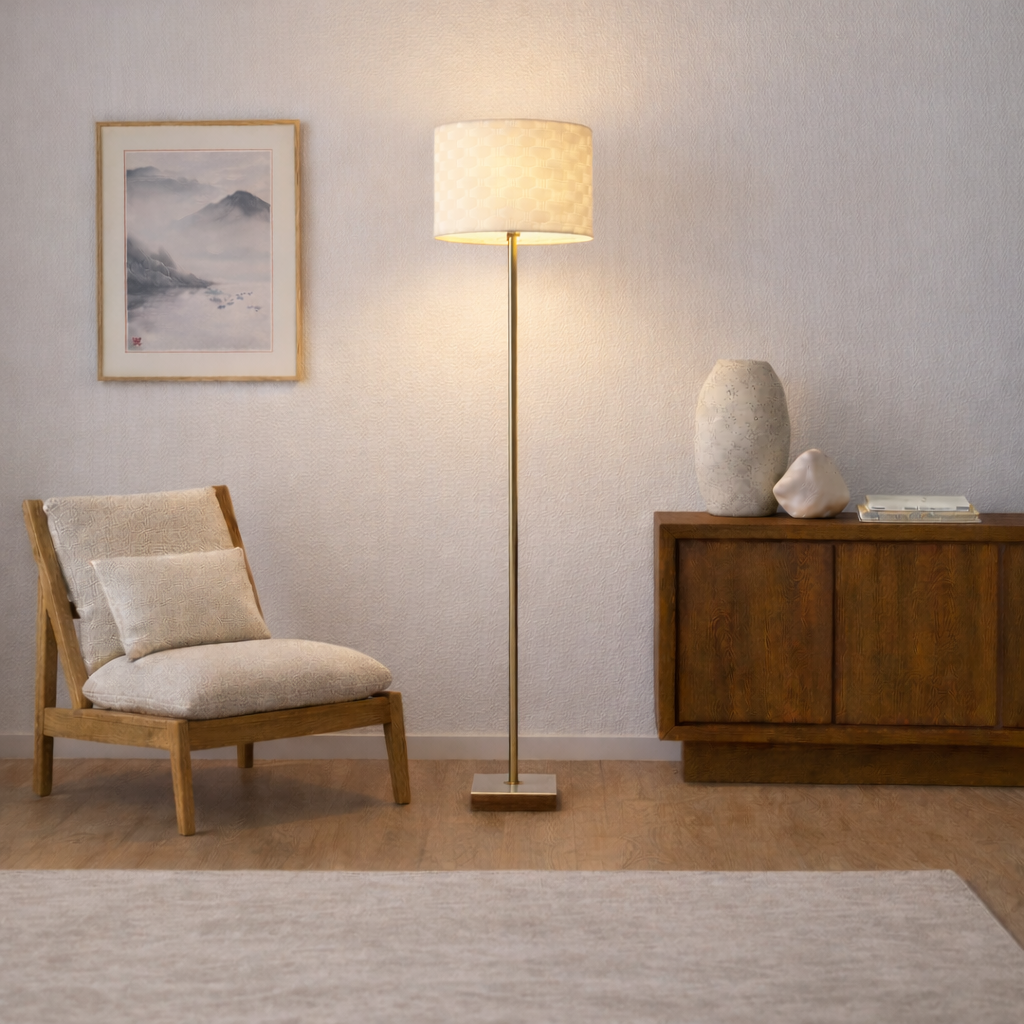 Pulsar Marble and Wood Floor Lamp with Woven Shade and Brass Stem | MidinMod