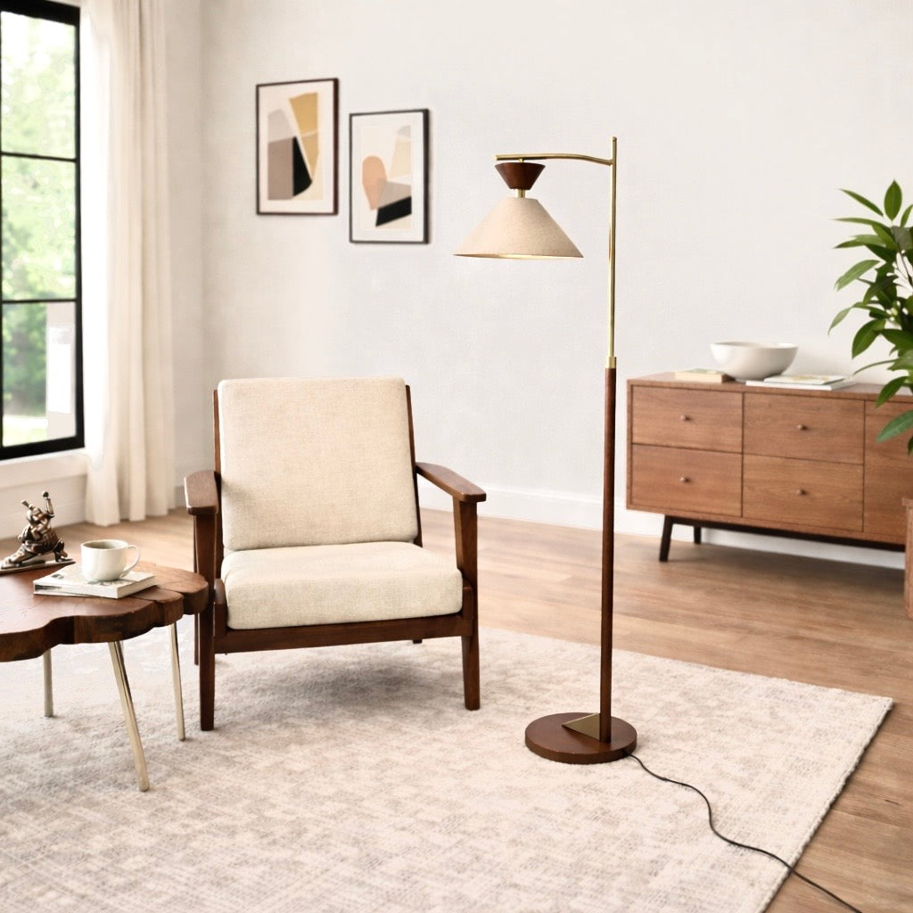 Quasar Brown Rubberwood Floor Lamp with Tapered Linen Shade and Brass Accents | MidinMod