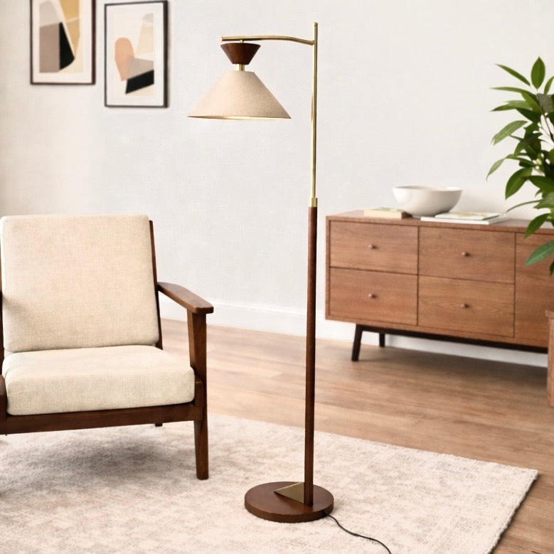 Quasar Brown Rubberwood Floor Lamp with Tapered Linen Shade and Brass Accents | MidinMod