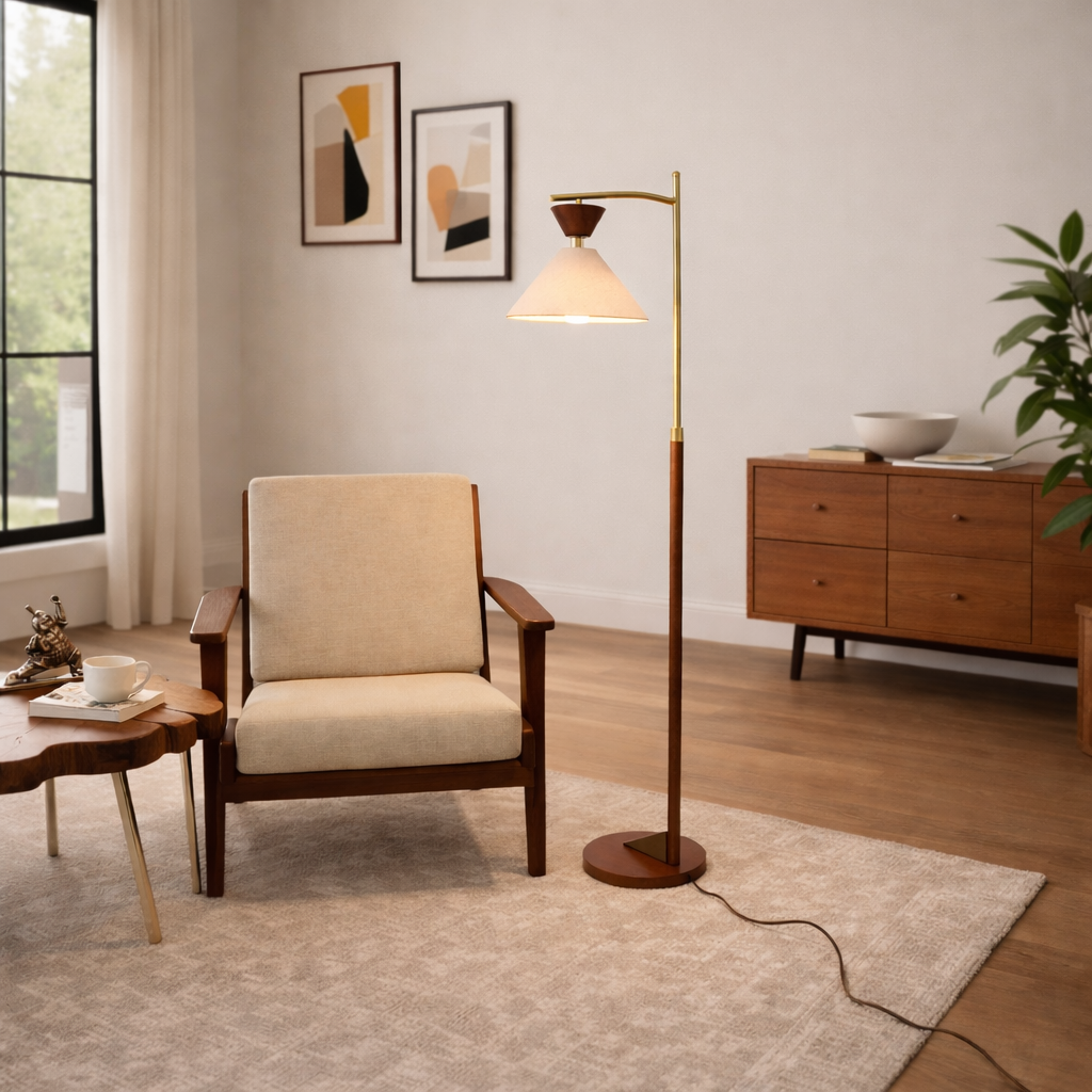Quasar Brown Rubberwood Floor Lamp with Tapered Linen Shade and Brass Accents | MidinMod