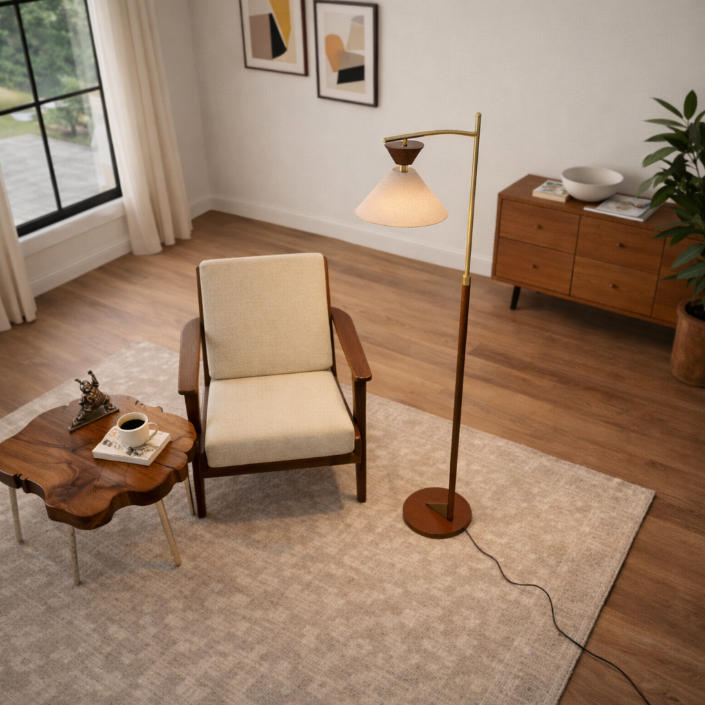 Quasar Brown Rubberwood Floor Lamp with Tapered Linen Shade and Brass Accents | MidinMod