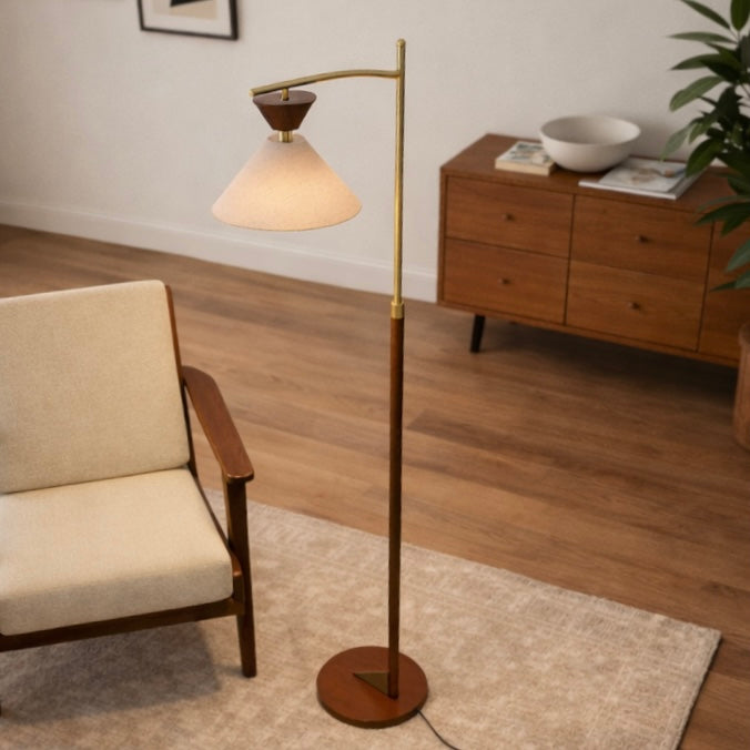 Quasar Brown Rubberwood Floor Lamp with Tapered Linen Shade and Brass Accents | MidinMod
