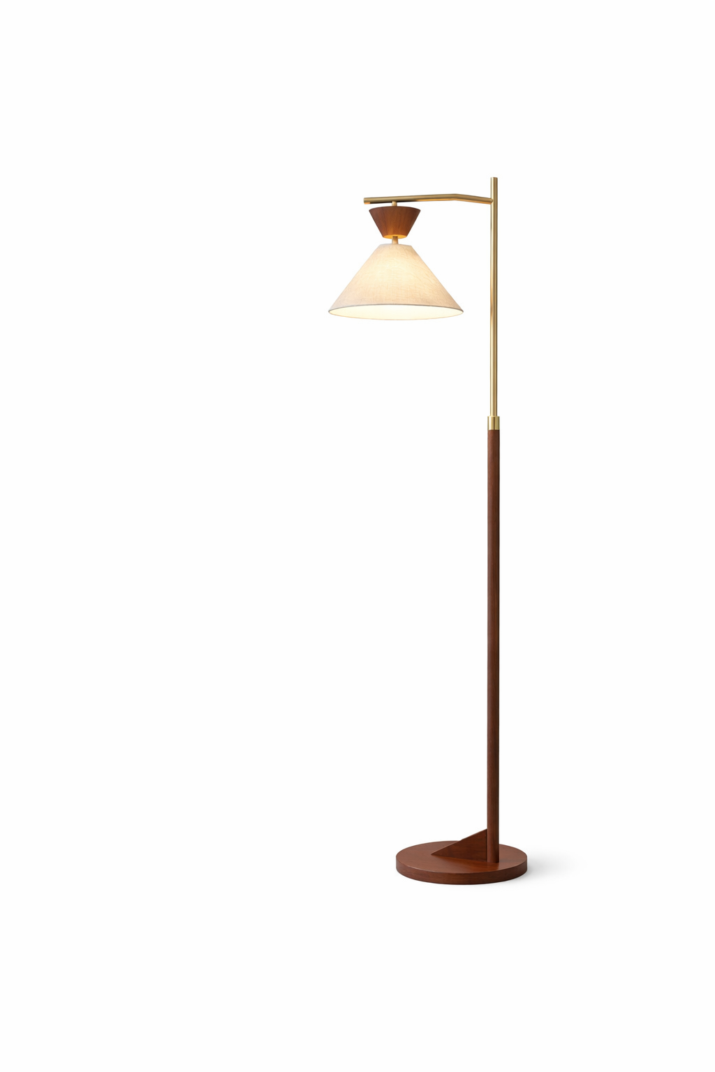 Quasar Brown Rubberwood Floor Lamp with Tapered Linen Shade and Brass Accents | MidinMod