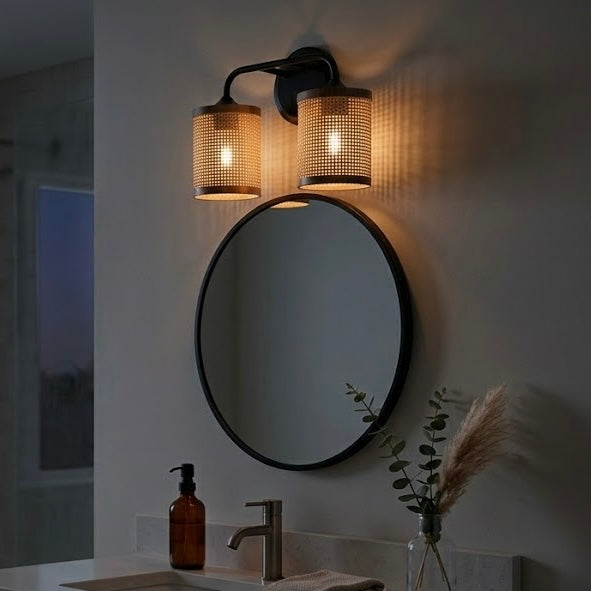 Quell Double Light Vanity | Natural Rattan Shade & Modern Frame | MidinMod