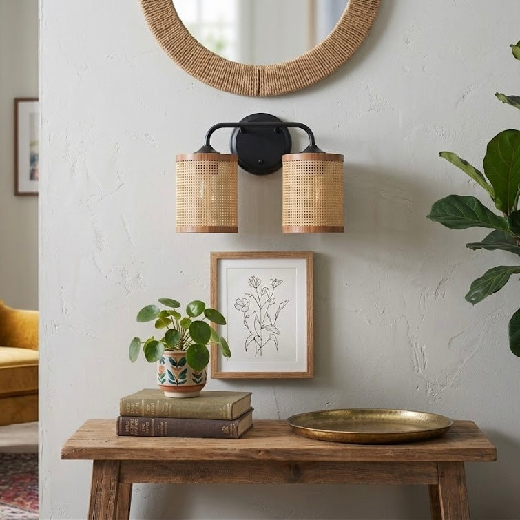 Quell Double Light Vanity | Natural Rattan Shade & Modern Frame | MidinMod