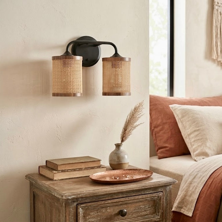 Quell Double Light Vanity | Natural Rattan Shade & Modern Frame | MidinMod