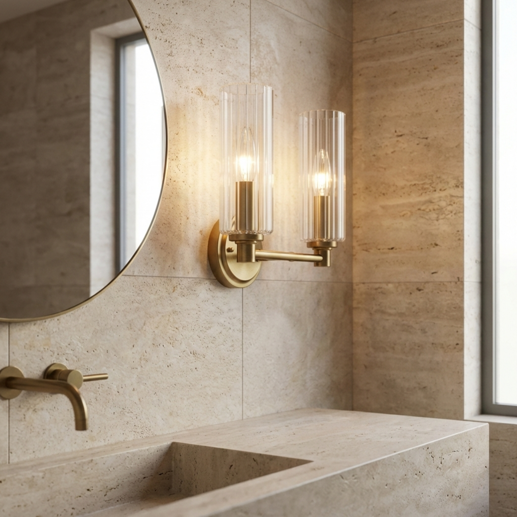 Regal Double Light Vanity With Clear Ribbed Glass - Satin Brass | MidinMod