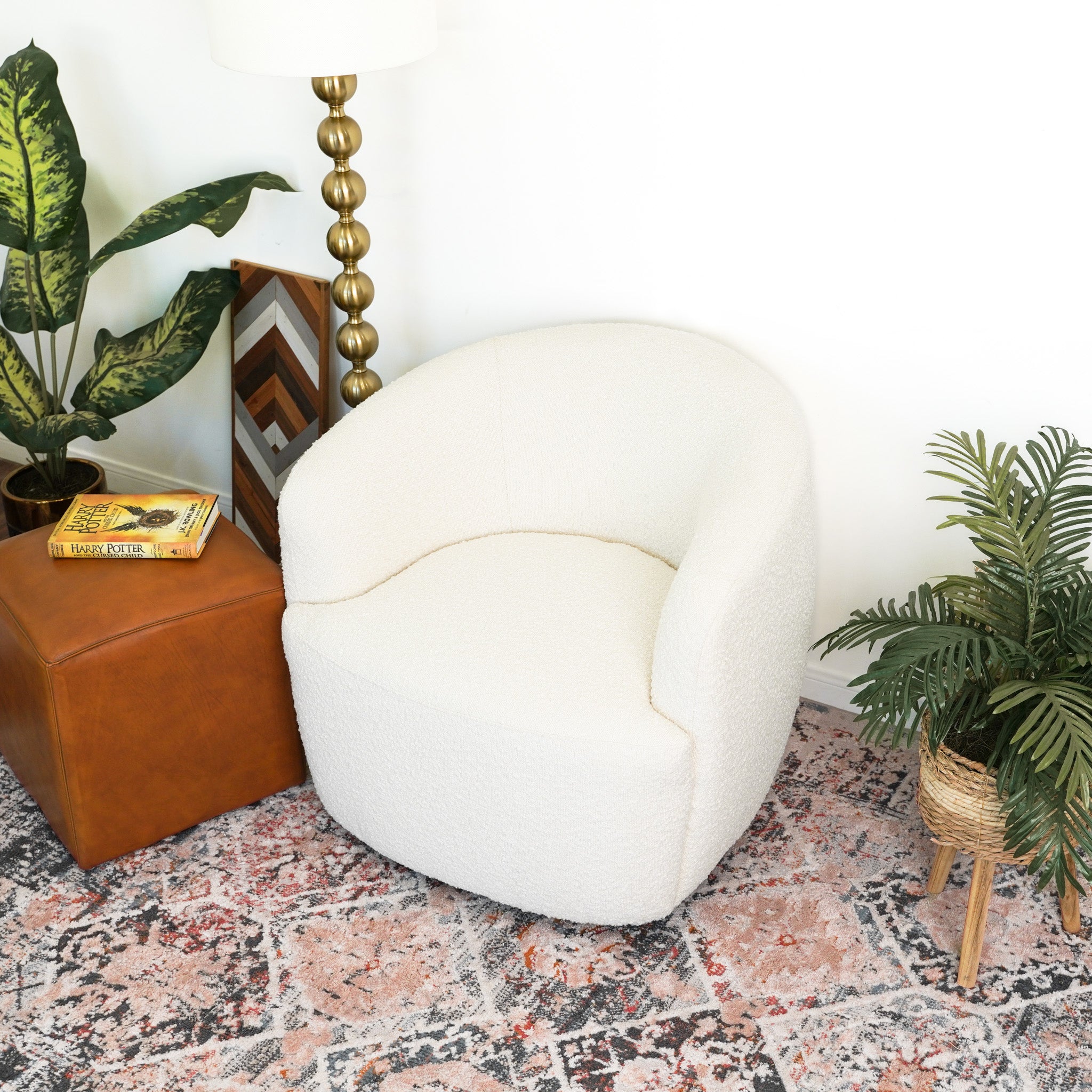 Rivet White Boucle Swivel Chair - MidinMod