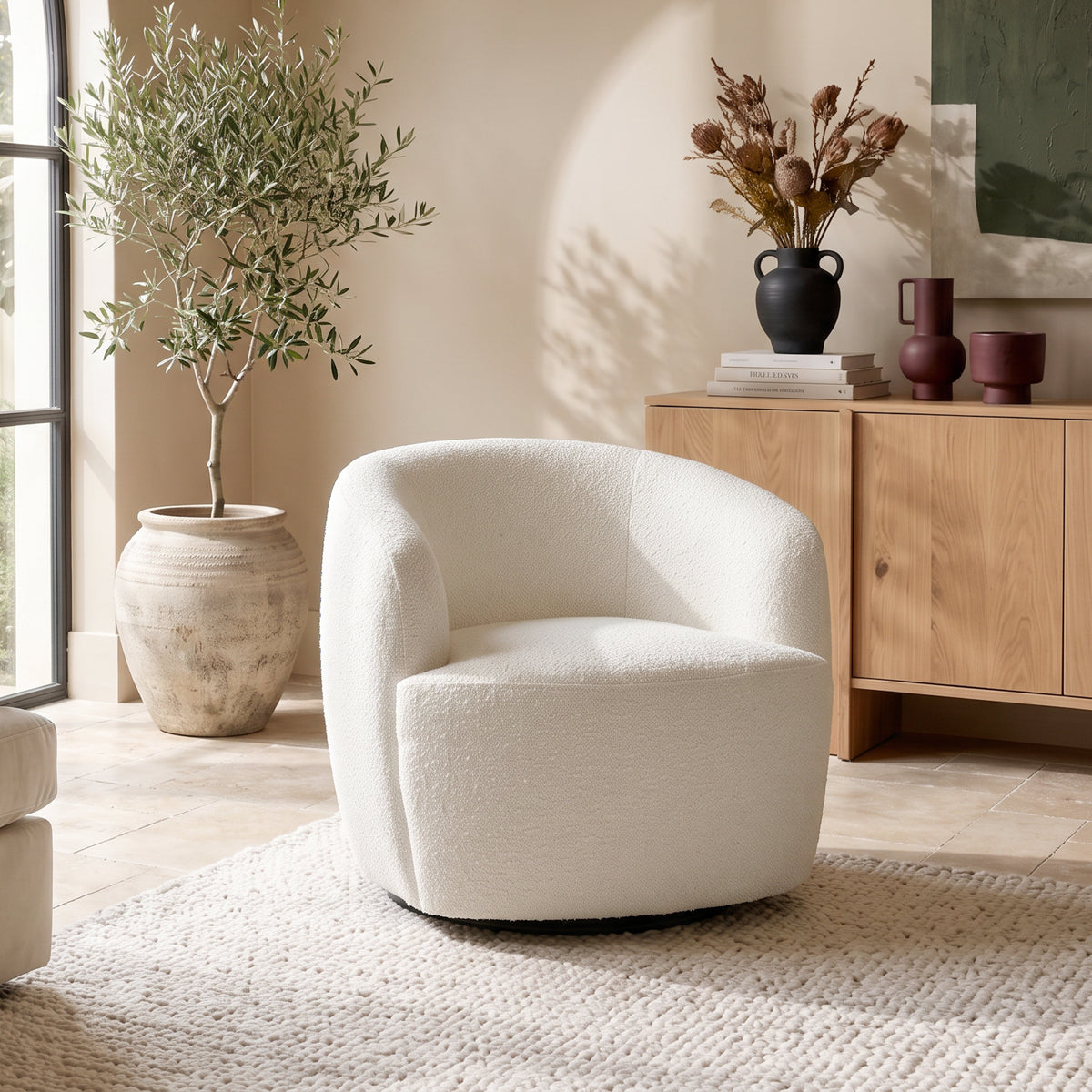 Rivet White Teddy Boucle 360° Swivel Lounge Chair | MidinMod