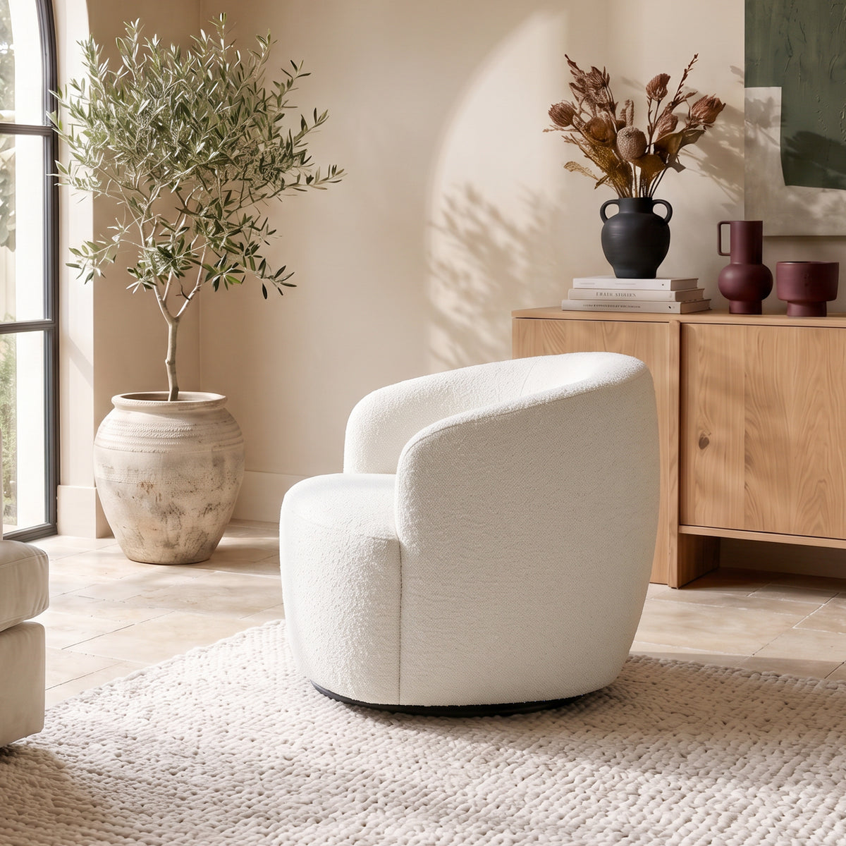Rivet White Teddy Boucle 360° Swivel Lounge Chair | MidinMod
