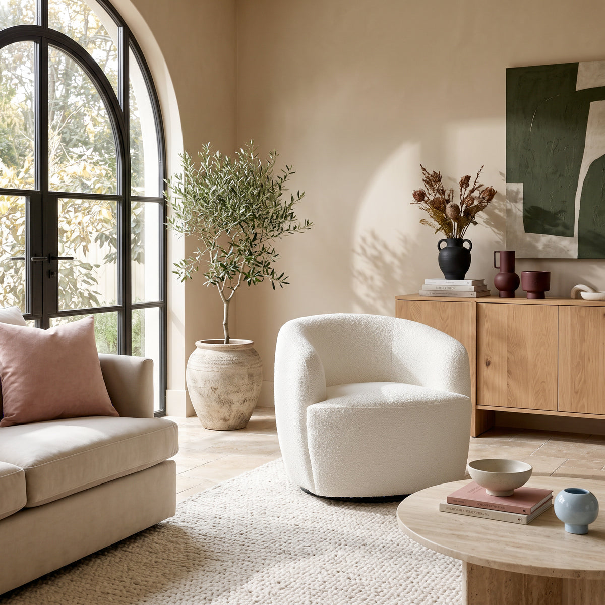 Rivet White Teddy Boucle 360° Swivel Lounge Chair | MidinMod
