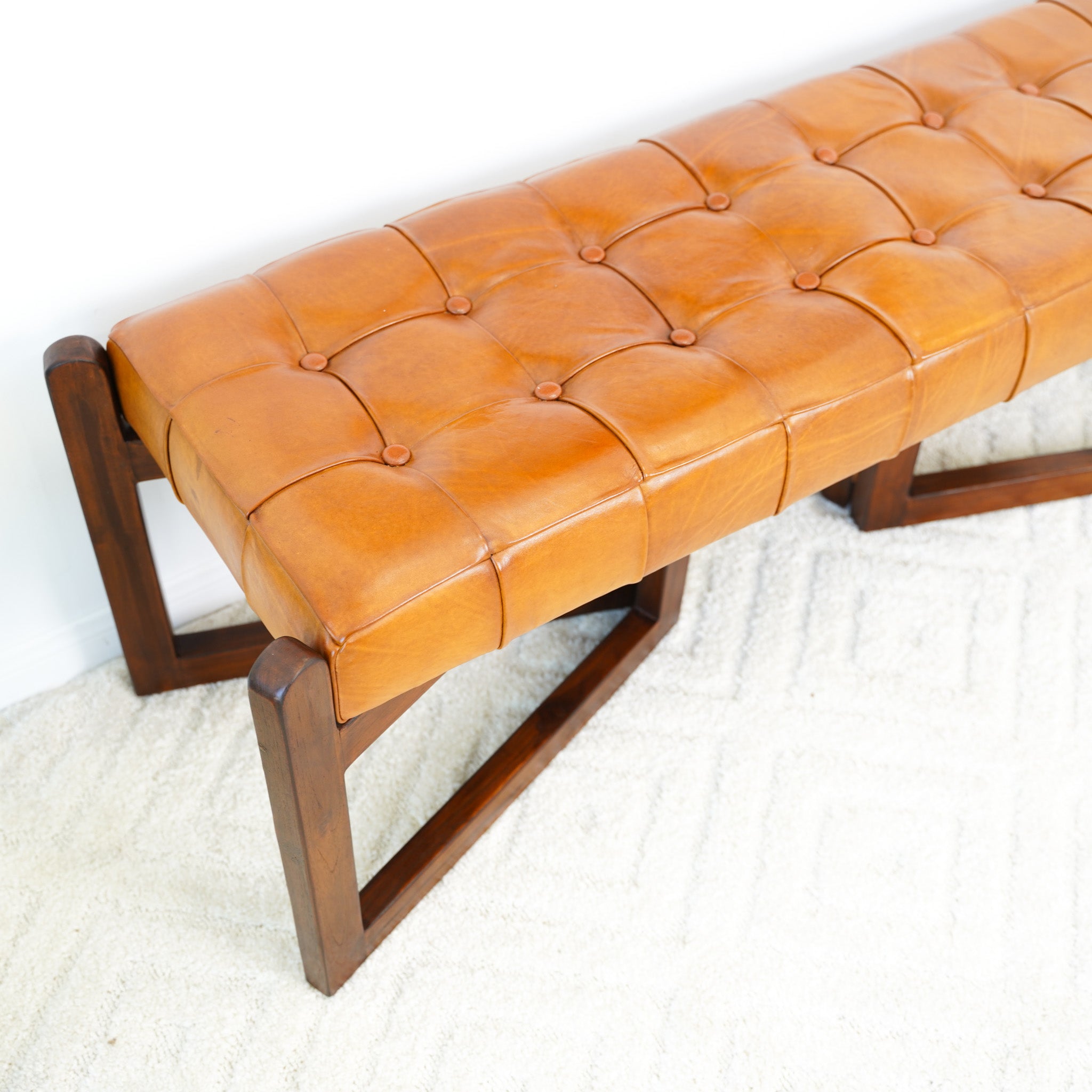 Rosemont Tan Leather Bench | Mid-Century Modern Genuine Cow Leather Accent Stool | MidinMod