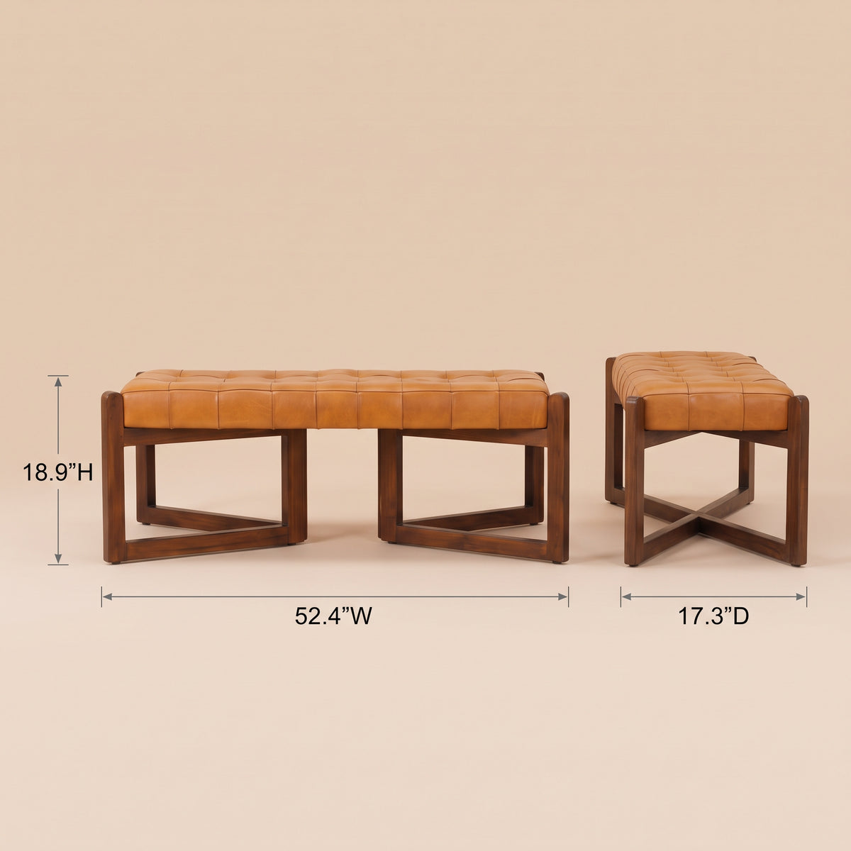 Rosemont Tan Leather Bench | Mid-Century Modern Genuine Cow Leather Accent Stool | MidinMod