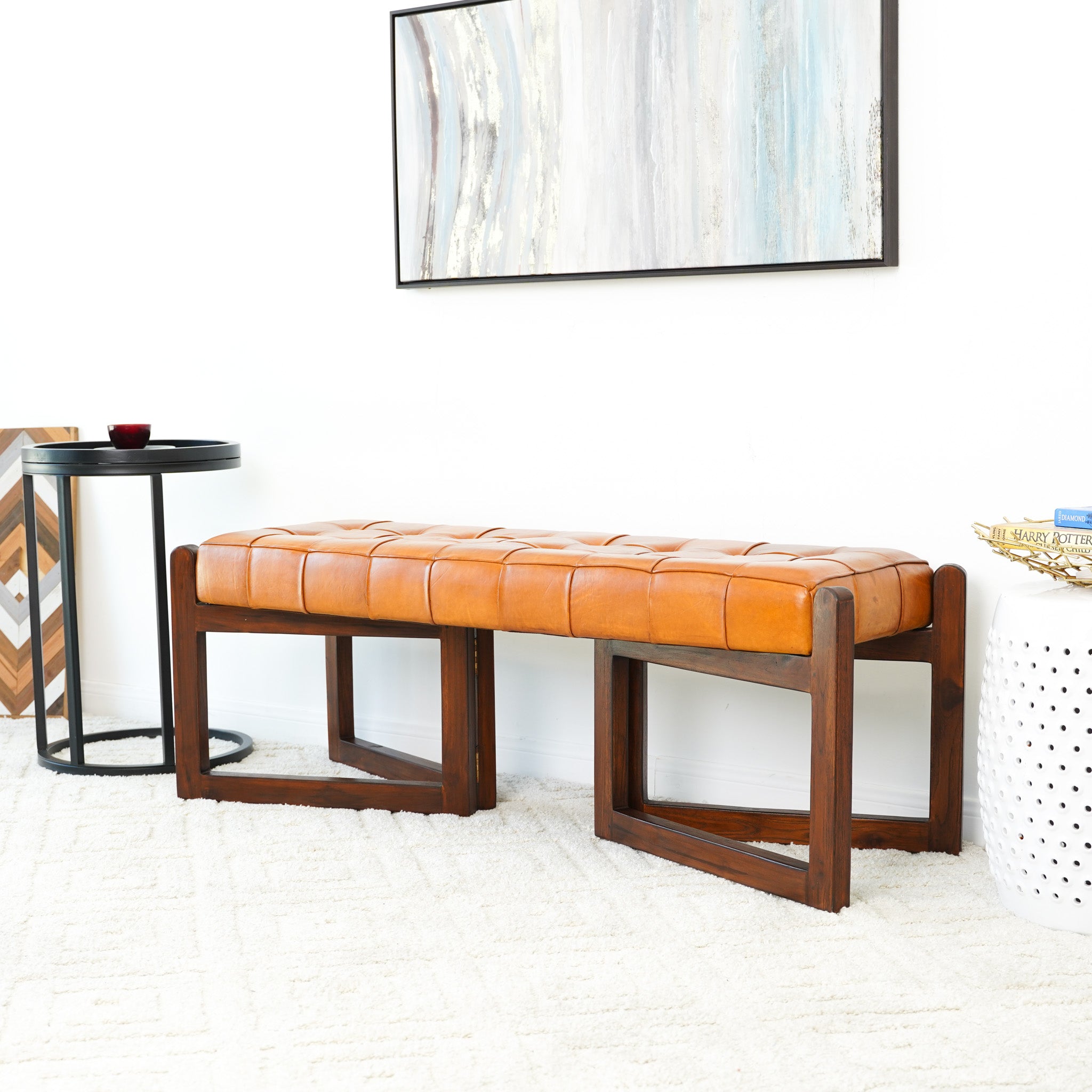 Rosemont Tan Leather Bench | Mid-Century Modern Genuine Cow Leather Accent Stool | MidinMod