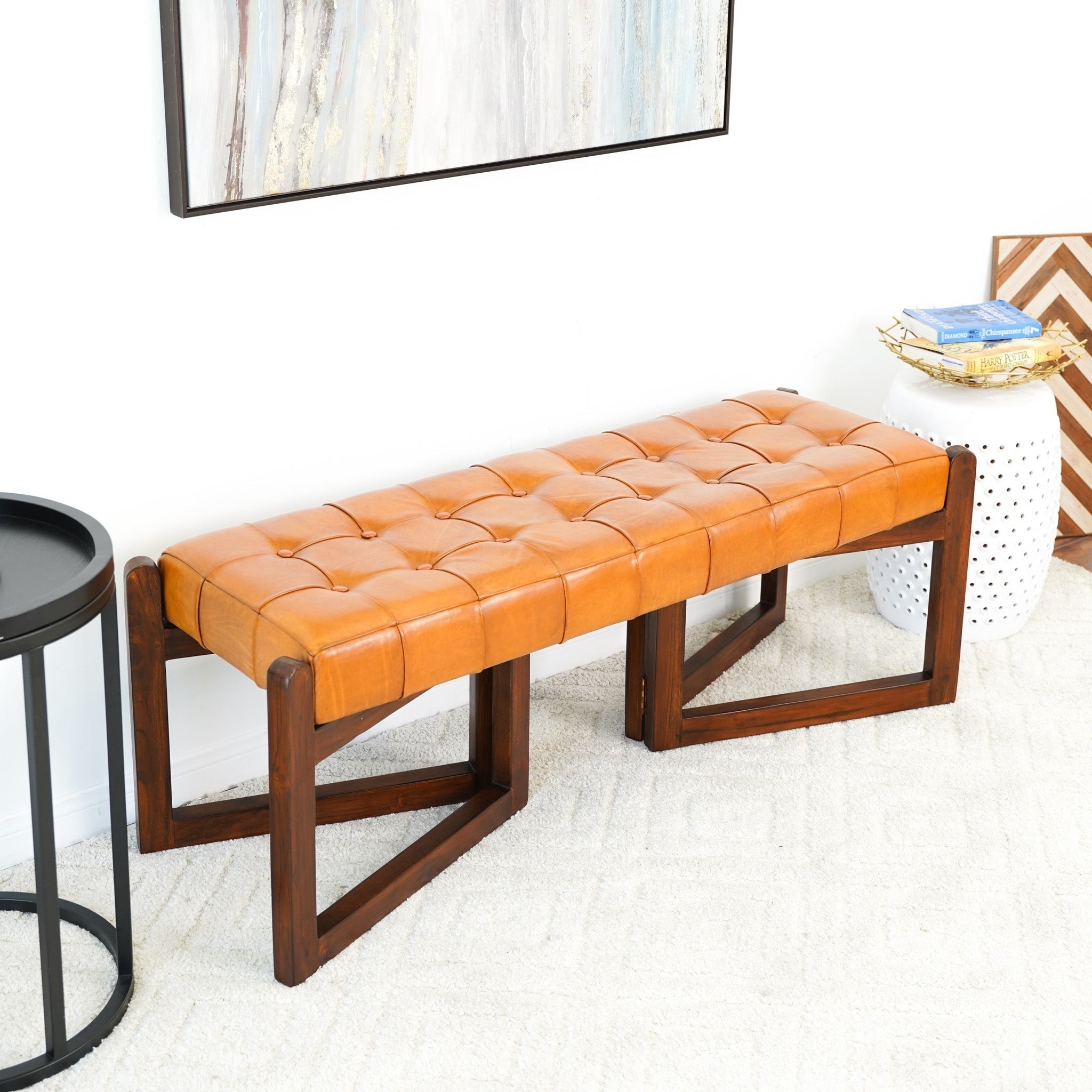 Rosemont Tan Leather Bench | Mid-Century Modern Genuine Cow Leather Accent Stool | MidinMod