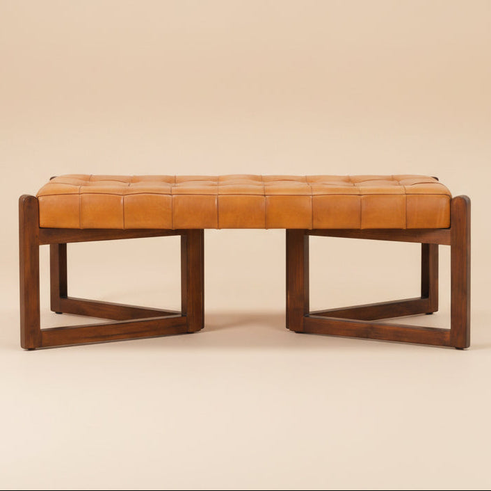 Rosemont Tan Leather Bench | Mid-Century Modern Genuine Cow Leather Accent Stool | MidinMod