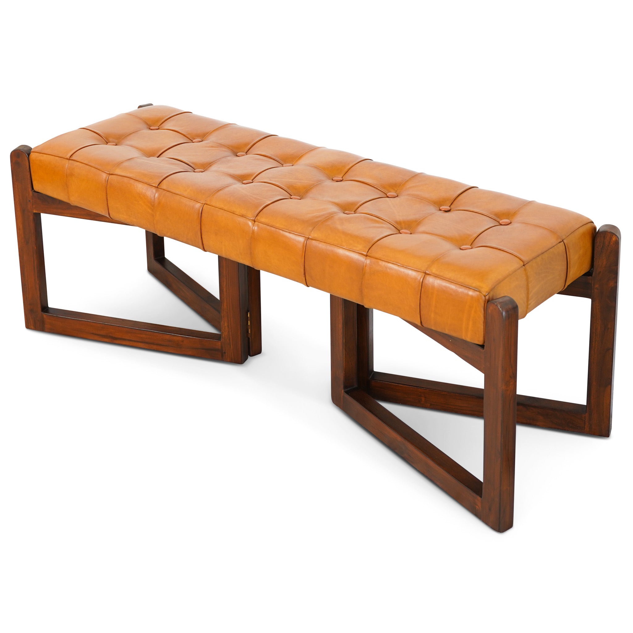 Rosemont Tan Leather Bench | Mid-Century Modern Genuine Cow Leather Accent Stool | MidinMod
