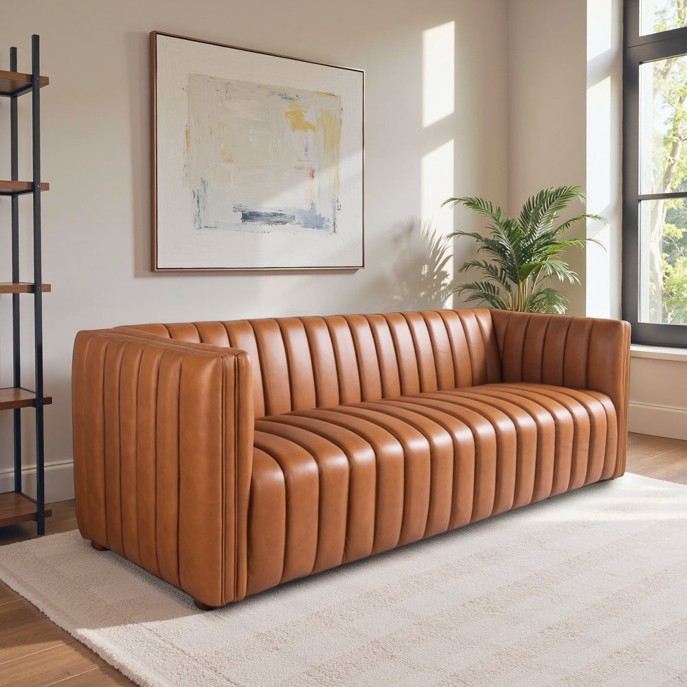 Rosslyn Genuine Leather Channel Thufted Sofa - MidinMod