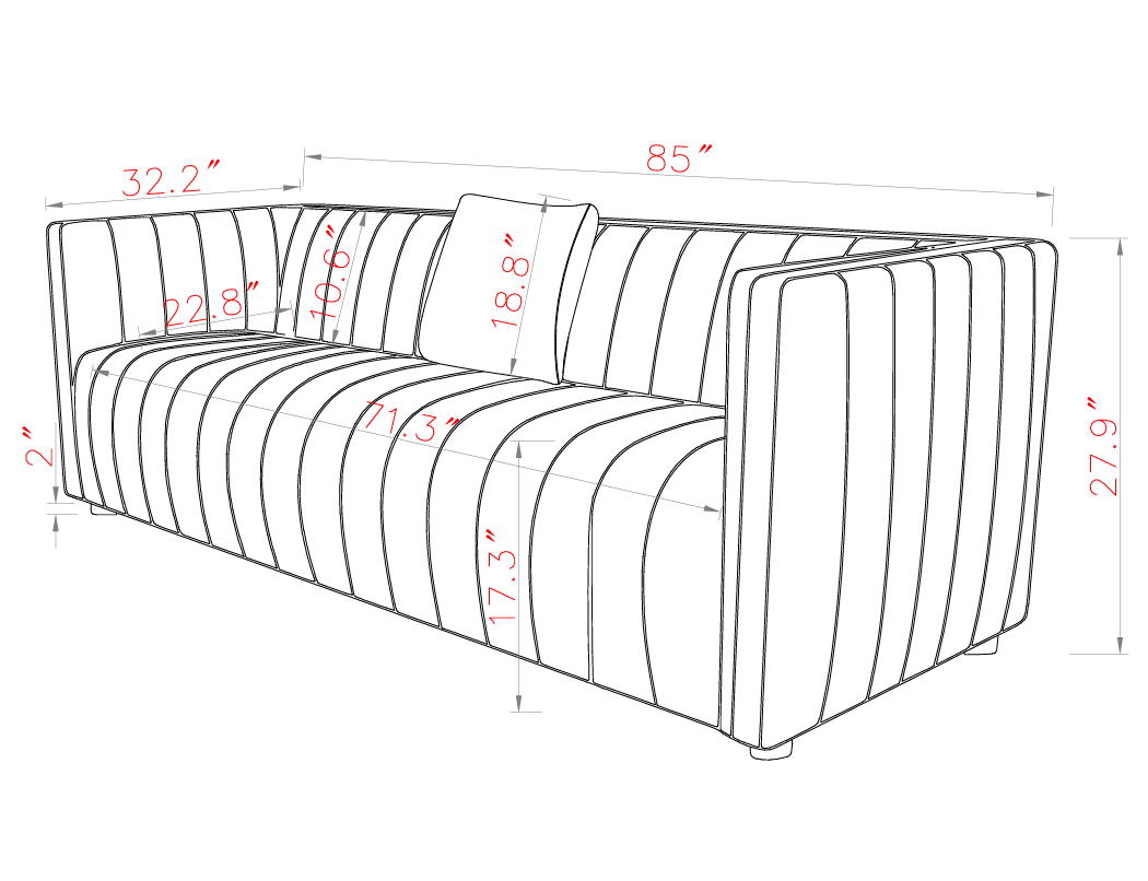 Rosslyn cognac leather sofa isolated on a white background, front view with vertical channels, block arms, and a soft shadow, dimensions details