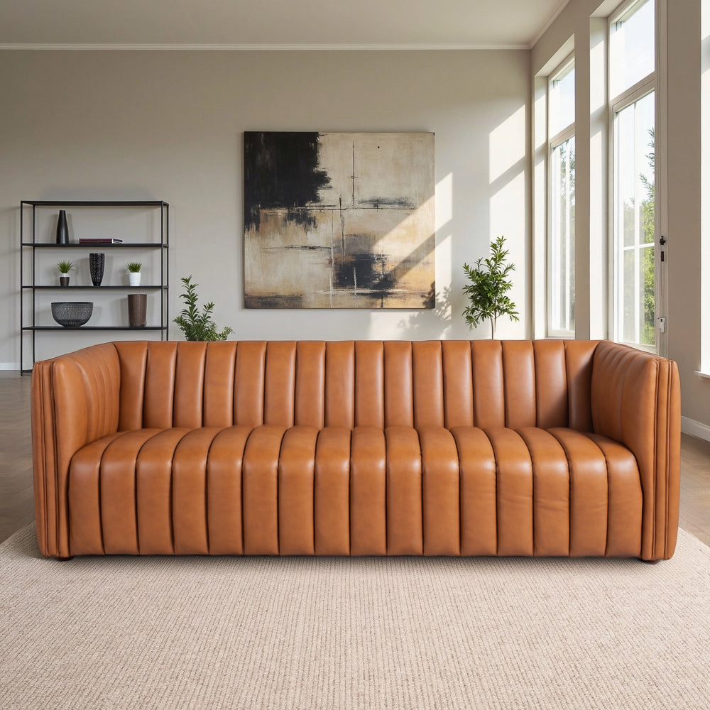 Rosslyn Genuine Leather Channel Thufted Sofa - MidinMod
