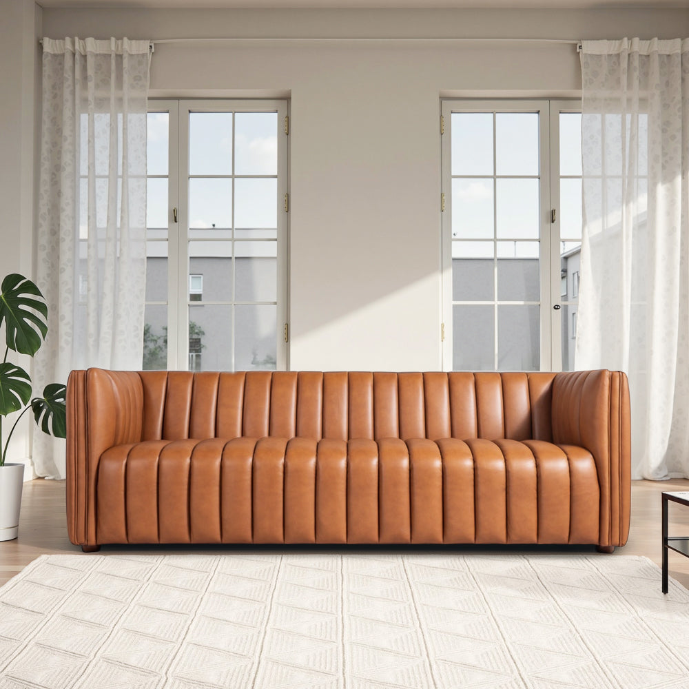 Rosslyn Genuine Leather Channel Thufted Sofa - MidinMod