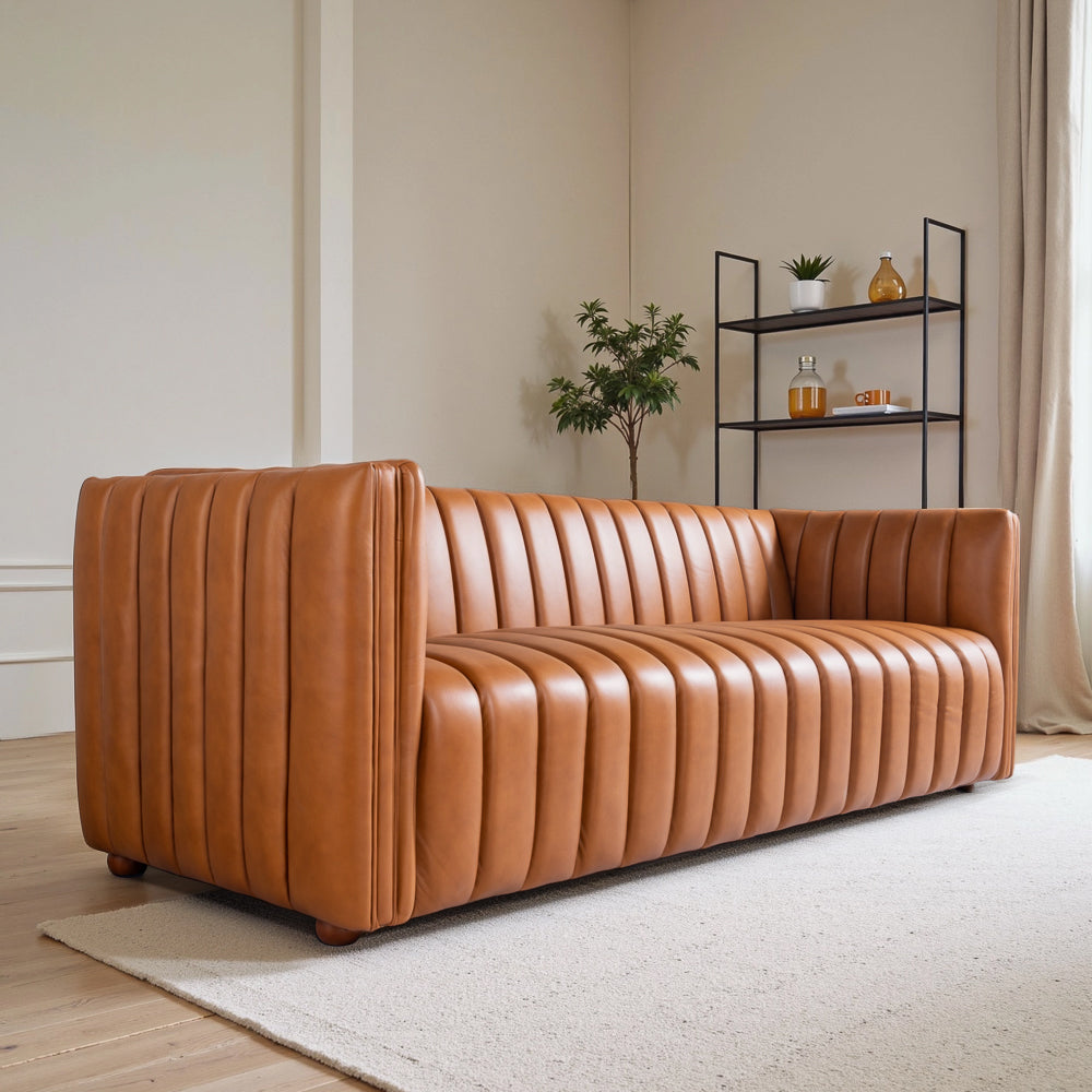 Rosslyn Genuine Leather Channel Thufted Sofa - MidinMod
