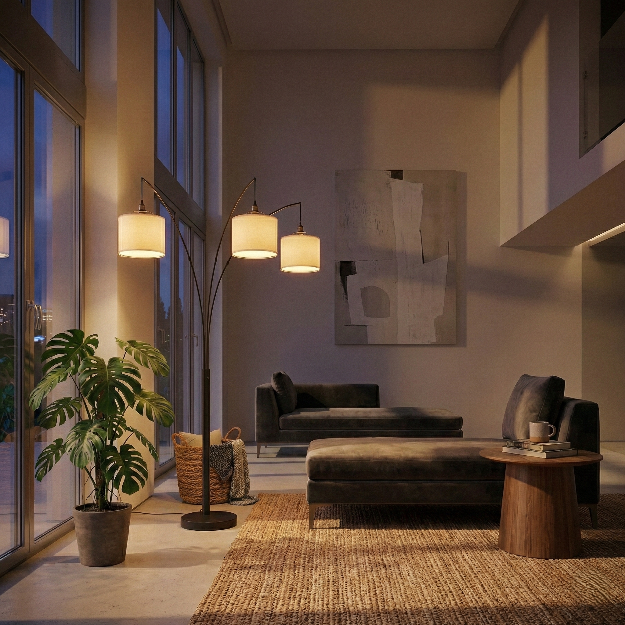 Royal 3-Arm Metal Arc Floor Lamp in Oil-Rubbed Bronze with Linen Shade | MidinMod