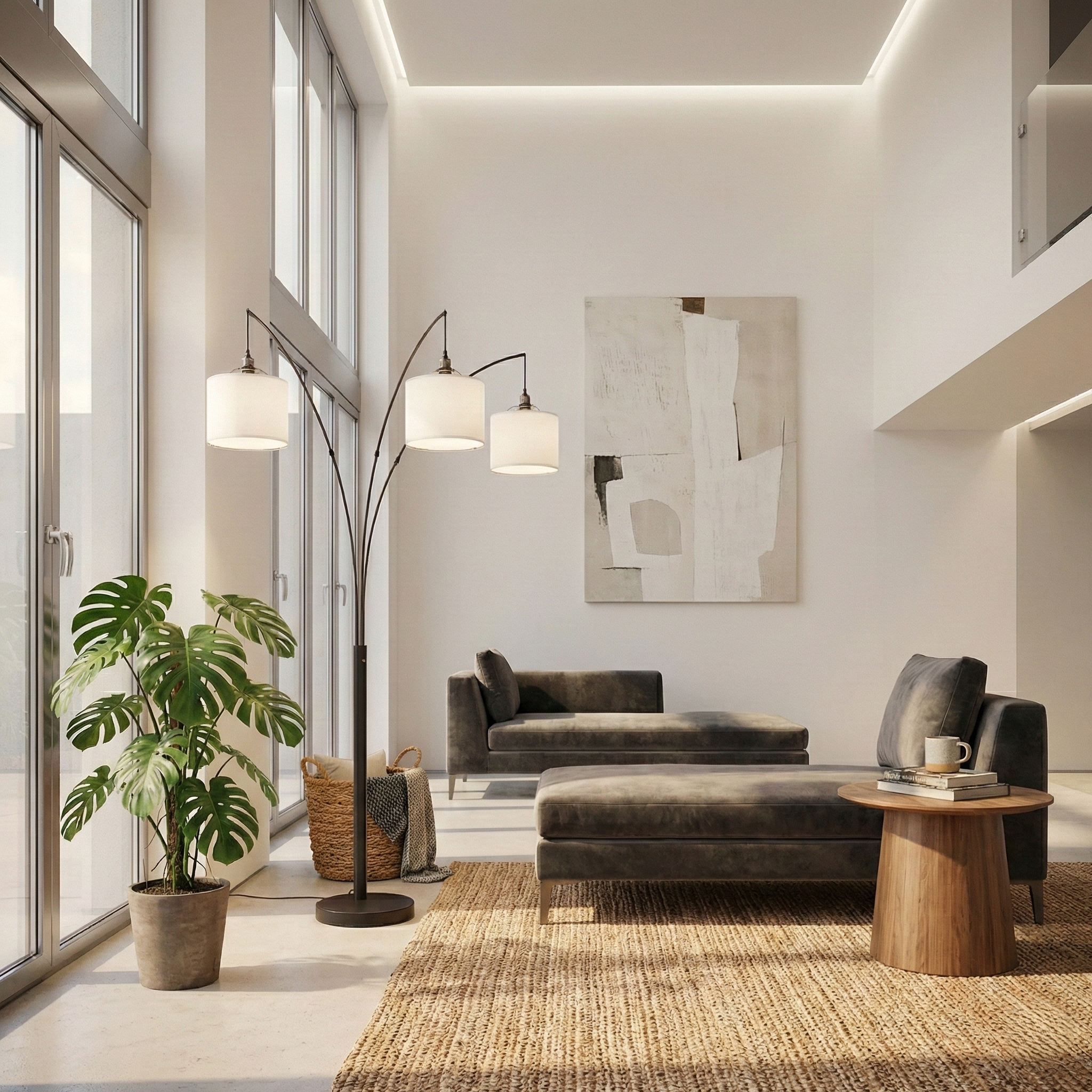 Royal 3-Arm Metal Arc Floor Lamp in Oil-Rubbed Bronze with Linen Shade | MidinMod