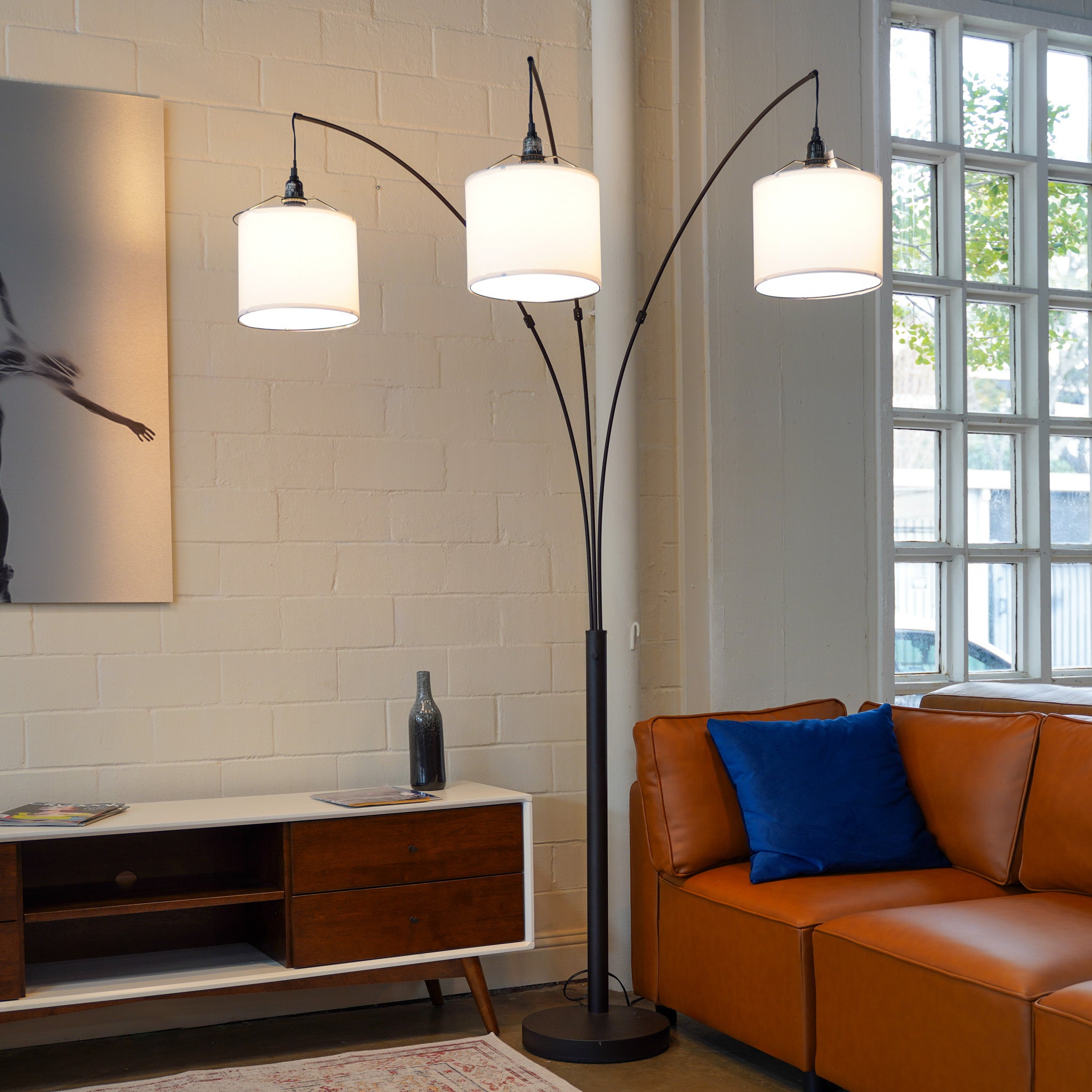 Royal 3-Arm Metal Arc Floor Lamp, Oil Rubbed Bonze with Linen Shade, 4 way Rotary Switch