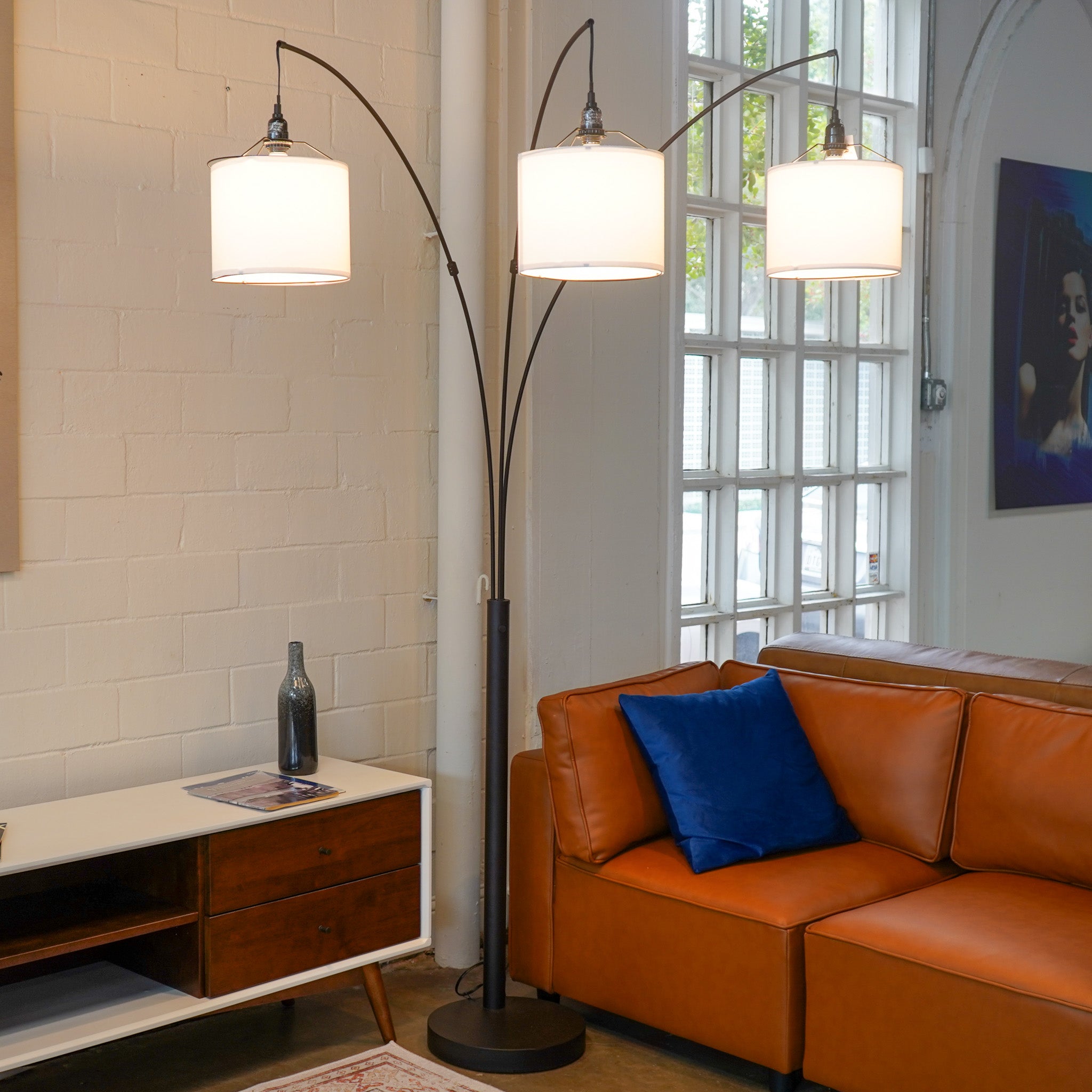 Royal 3-Arm Metal Arc Floor Lamp, Oil Rubbed Bonze with Linen Shade, 4 way Rotary Switch