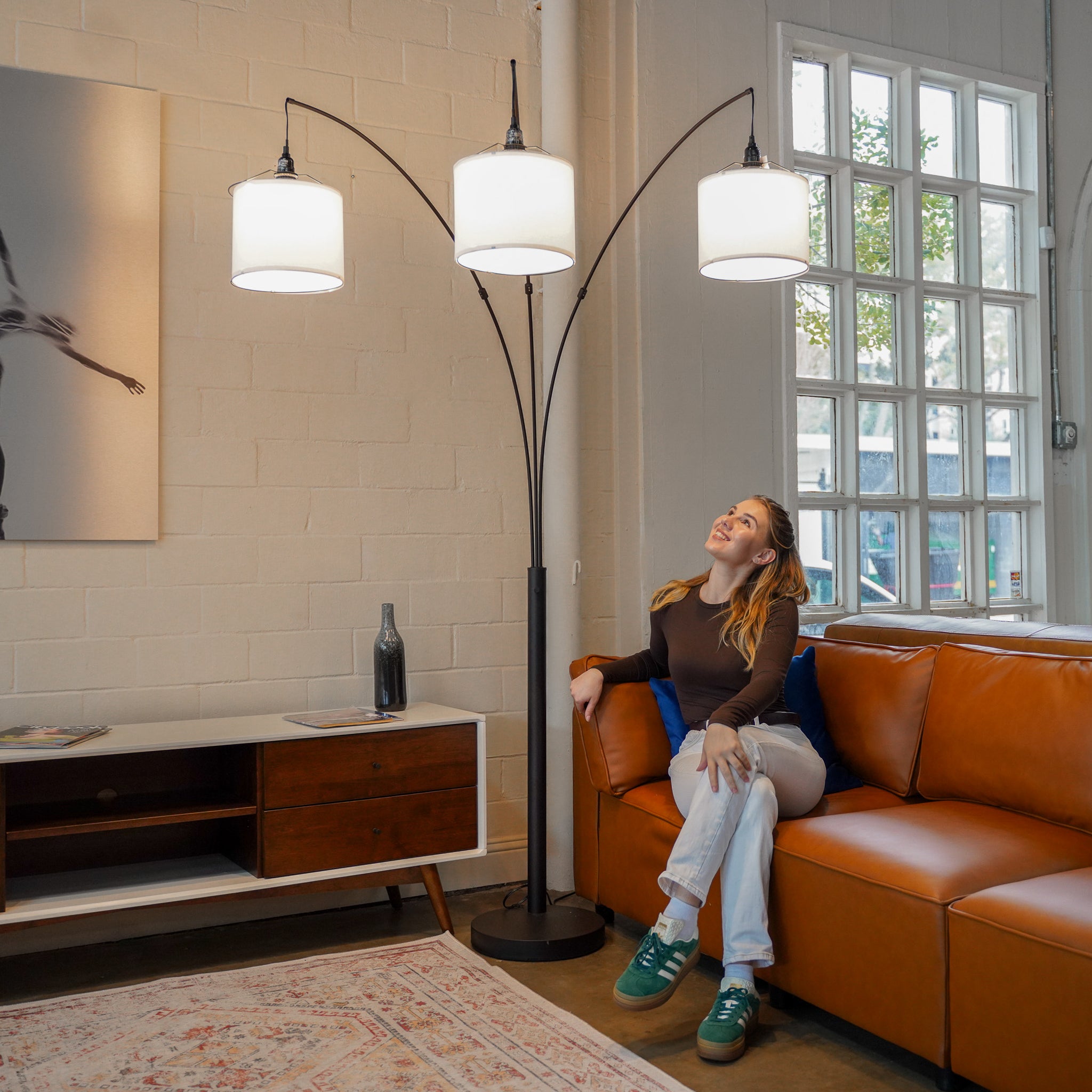 Royal 3-Arm Metal Arc Floor Lamp, Oil Rubbed Bonze with Linen Shade, 4 way Rotary Switch