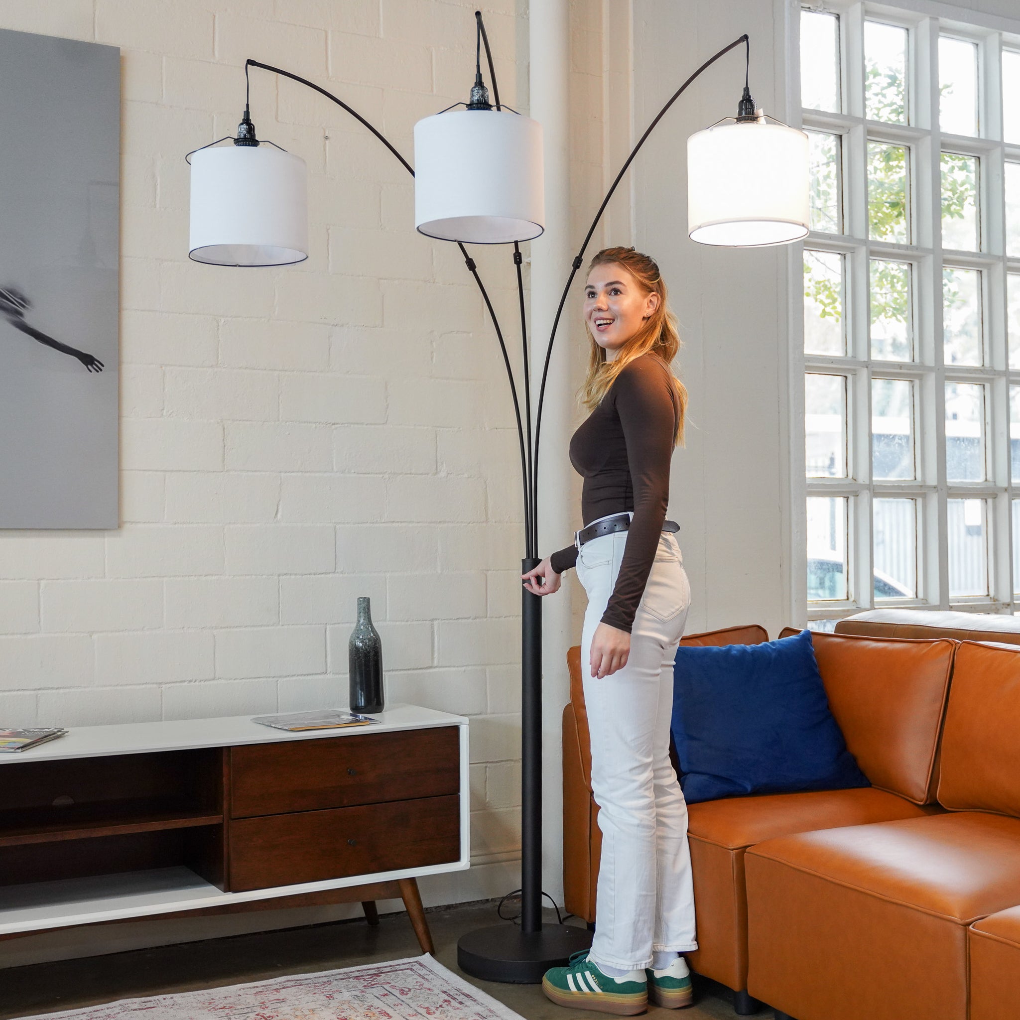 Royal 3-Arm Metal Arc Floor Lamp, Oil Rubbed Bonze with Linen Shade, 4 way Rotary Switch