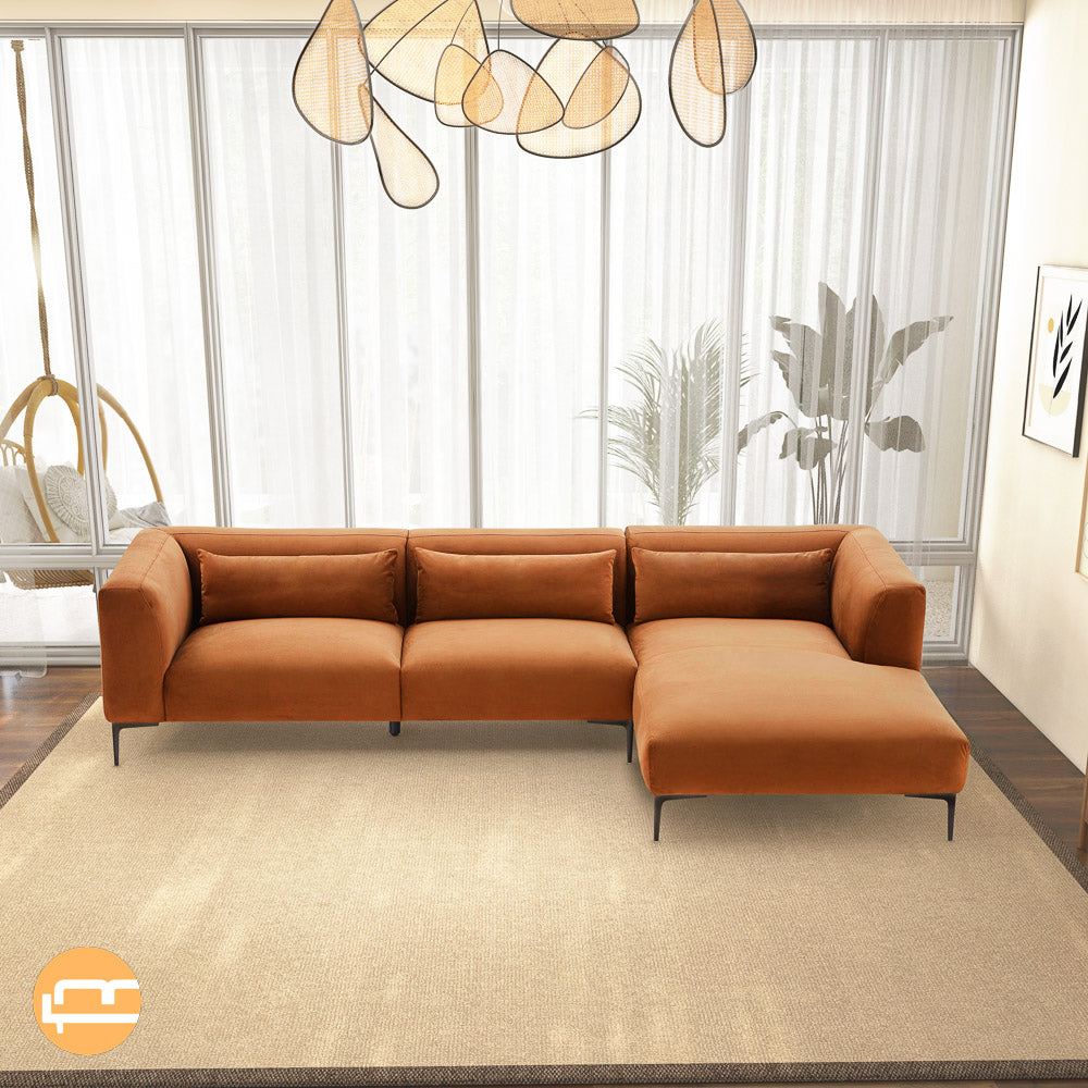 Savoy Burnt Orange Velvet L Shaped Right Sectional Sofa - Mid in Mod