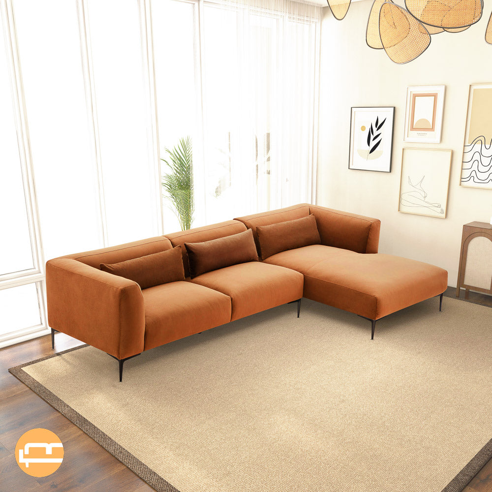 Savoy Burnt Orange Velvet L Shaped Right Sectional Sofa - Mid in Mod