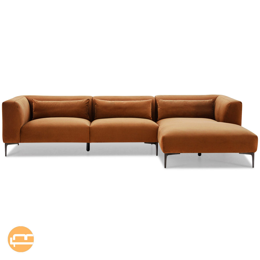 Savoy Burnt Orange Velvet L Shaped Right Sectional Sofa - Mid in Mod